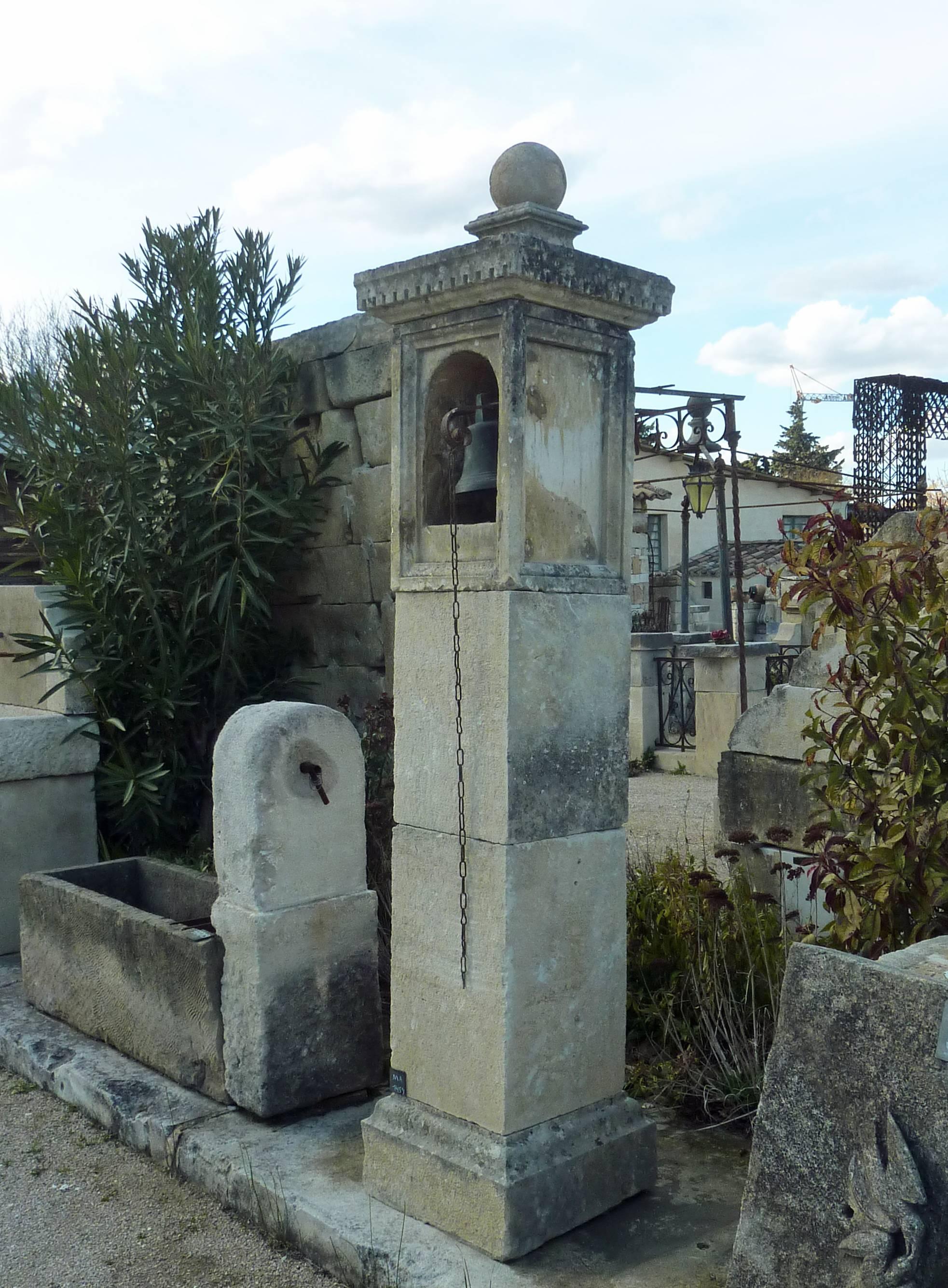 19th Century Ancient Stone Pillar with Small Antique Brass Bell Fitted in a Niche, Provence