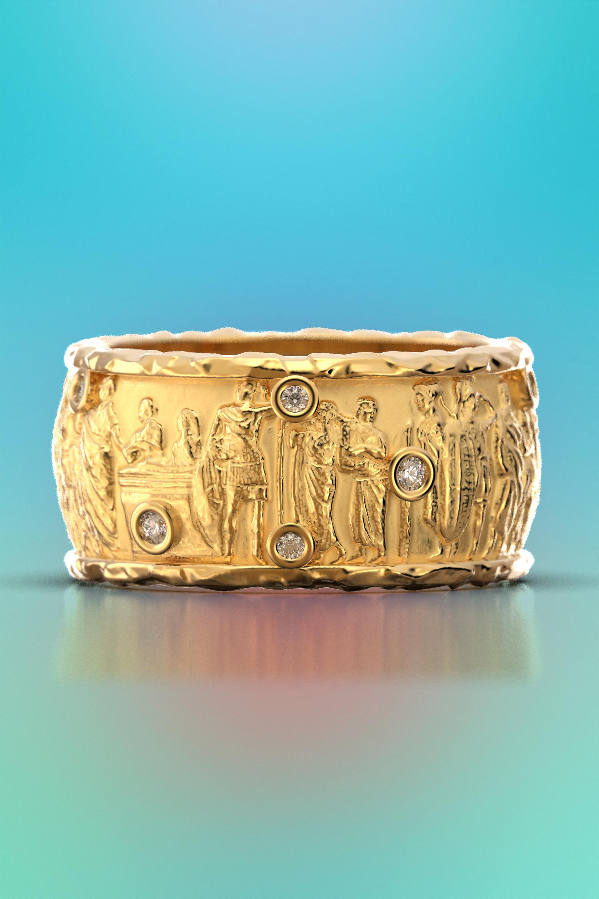 For Sale:  Ancient Style 14k Gold Ring with Natural Diamonds, Large Gold Band Made in Italy 2