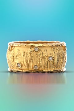 Ancient Style 14k Gold Ring with Natural Diamonds, Large Gold Band Made in Italy