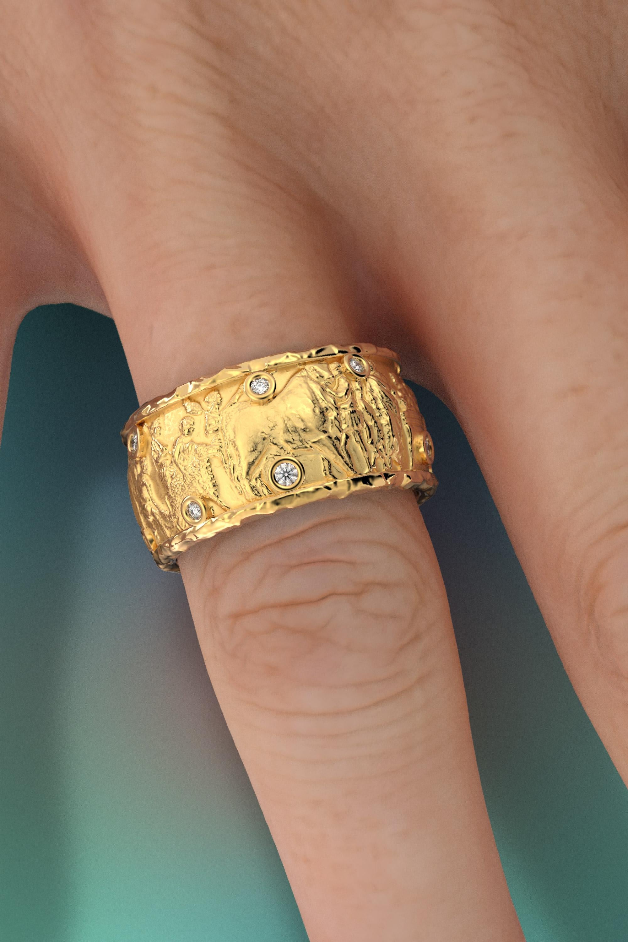 For Sale:  Ancient Style 14k Gold Ring with Natural Diamonds, Large Gold Band Made in Italy 4