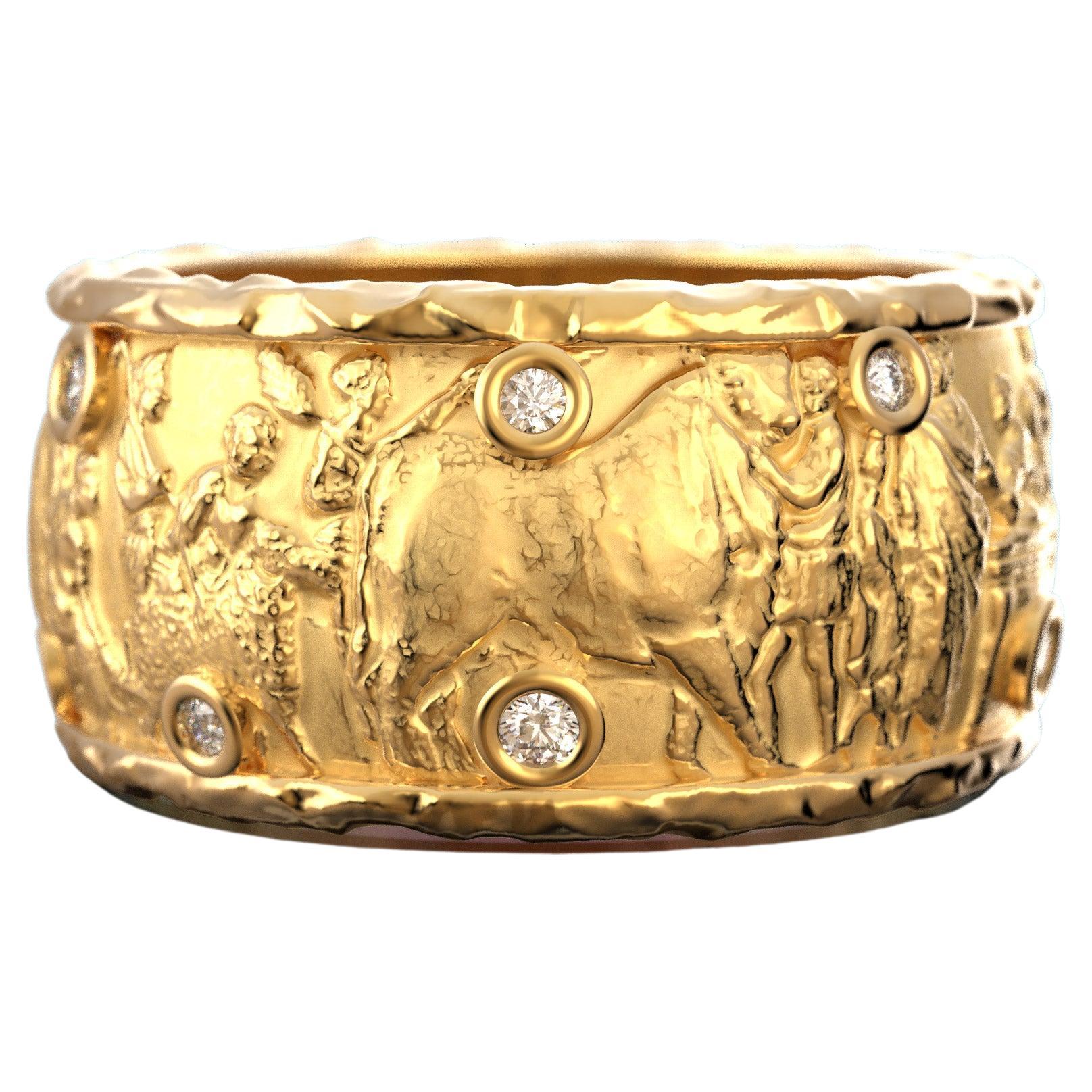 Ancient Style 14k Gold Ring with Natural Diamonds, Large Gold Band Made in Italy
