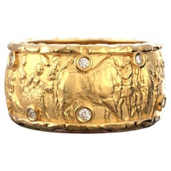 Vintage Ancient Style 14k Gold Ring with Natural Diamonds, Large Gold Band Made in Italy