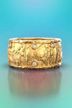 Ancient Style 18k Gold Ring with Natural Diamonds, Large Gold Band Made in Italy