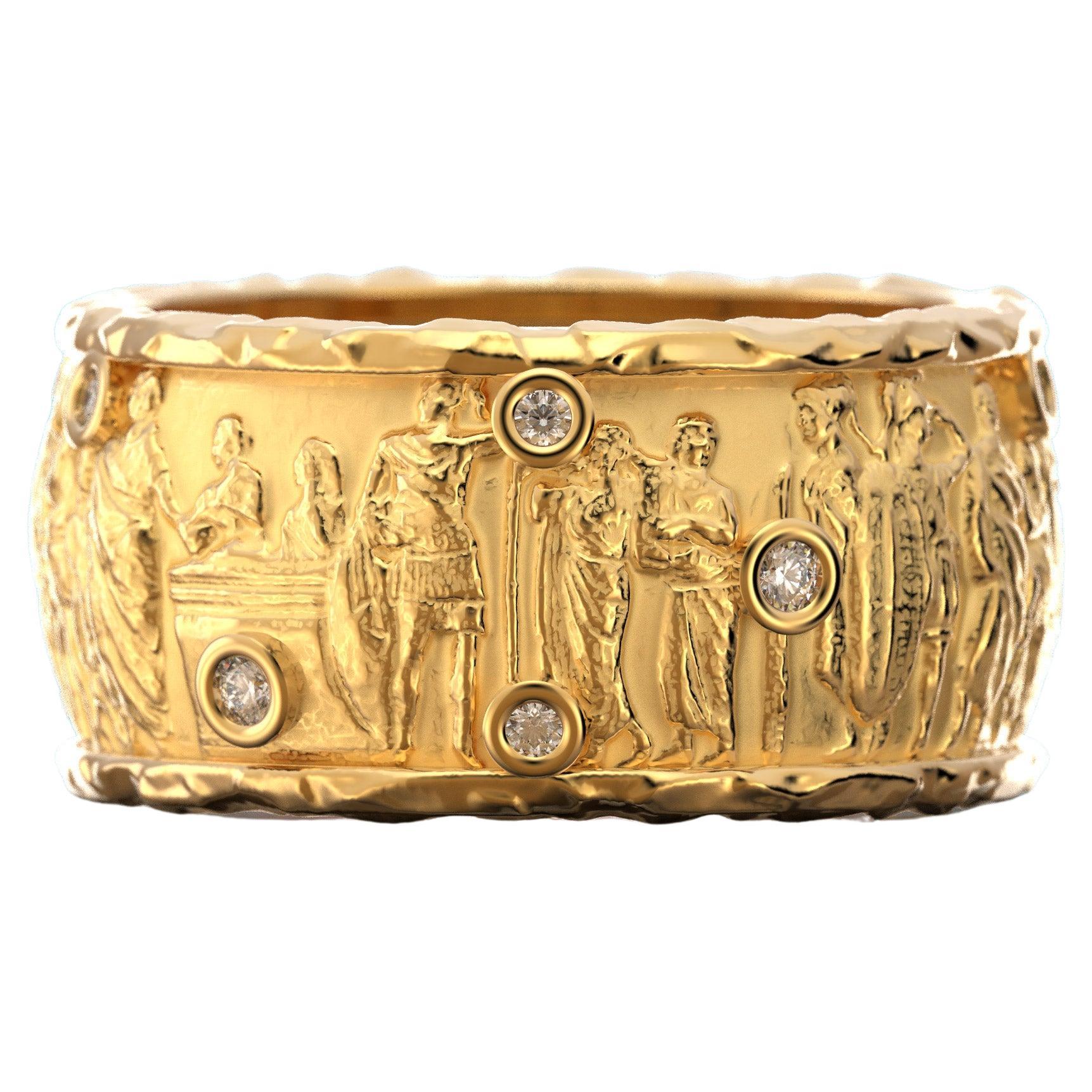 Ancient Style 18k Gold Ring with Natural Diamonds, Large Gold Band Made in Italy