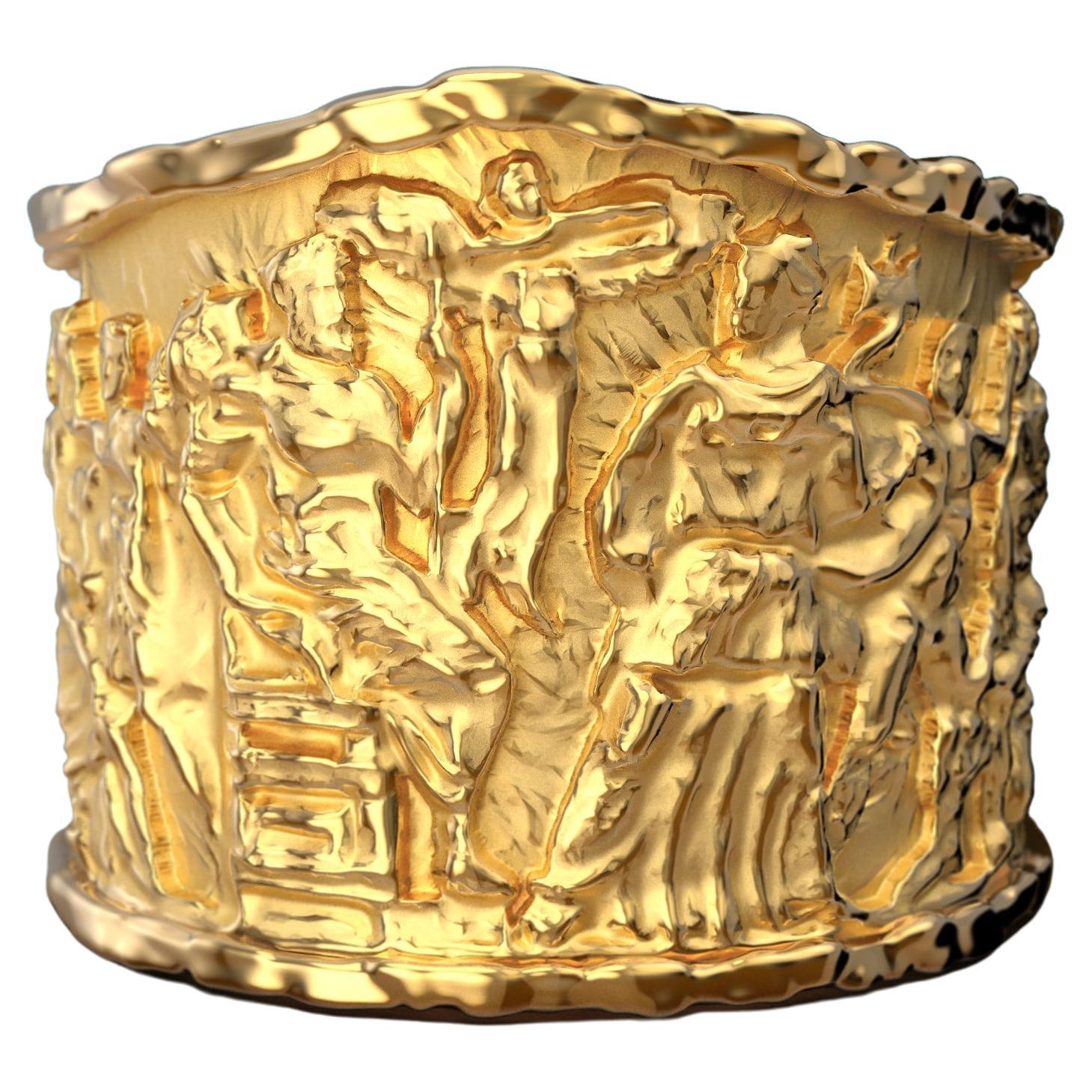 Ring aus massivem Gold im antiken Stil, Ziergiebel des Parthenon-Rings, skulpturaler Ring