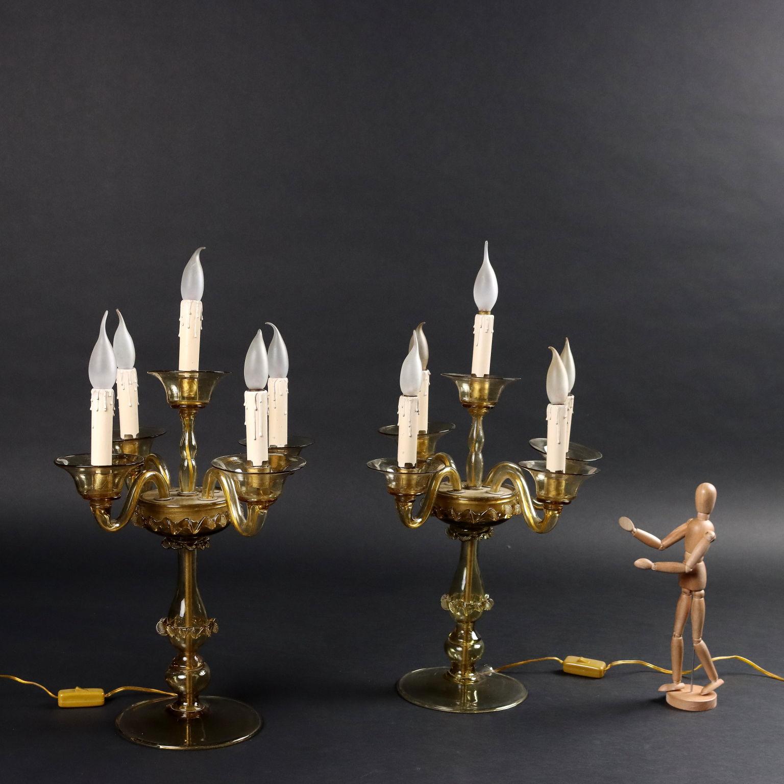 Autre Anciennes lampes de bureau en verre soufflé de Murano '900 à 5 éclairages en vente