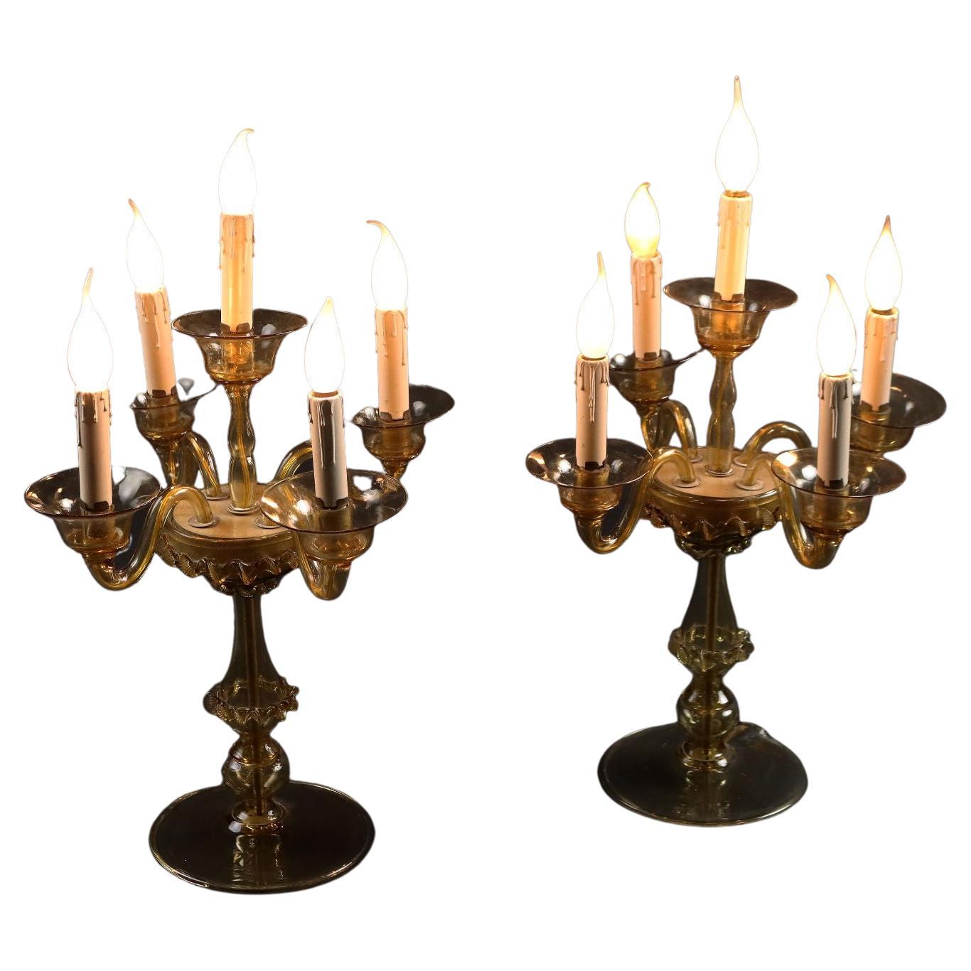 Anciennes lampes de bureau en verre soufflé de Murano '900 à 5 éclairages en vente