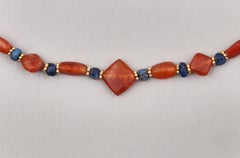 Ancient Tabular Carnelian, Lapis Lazuli Beads with Granulated 20k Gold Spacers