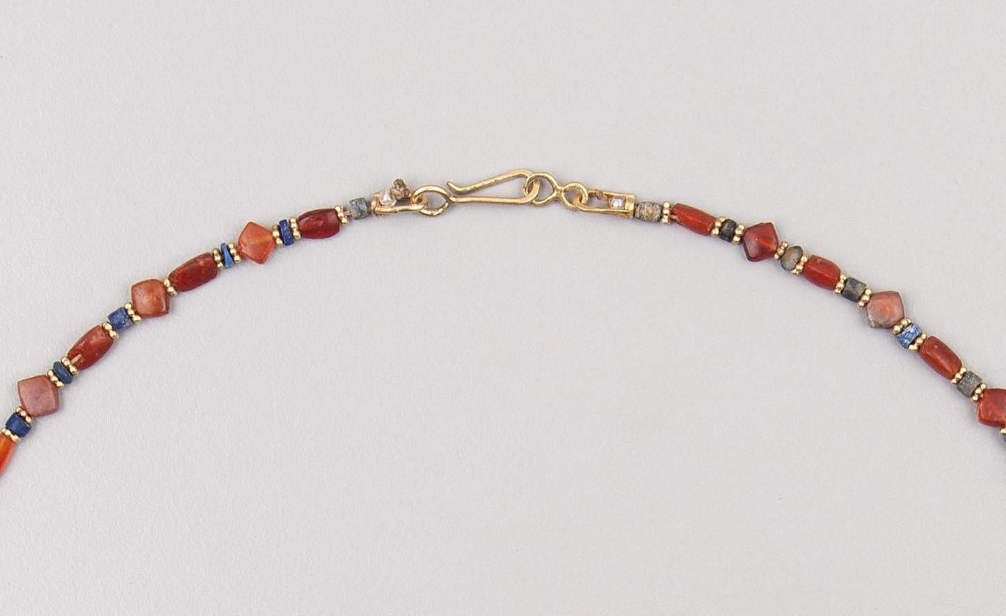 Ancient Tabular Carnelian, Lapis Lazuli Beads with Granulated 20k Gold Spacers In Good Condition For Sale In Bloomington, IN