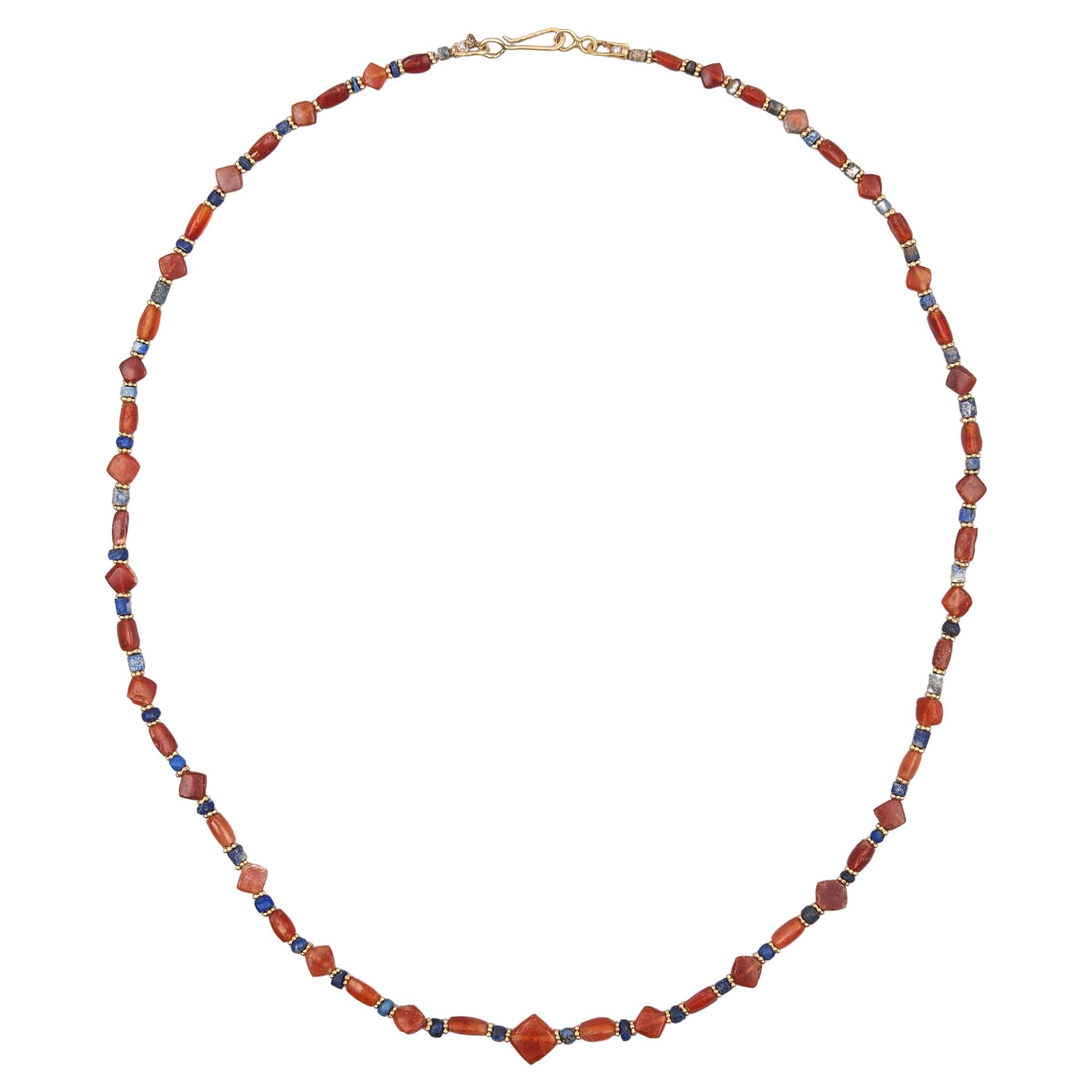 Ancient Tabular Carnelian, Lapis Lazuli Beads with Granulated 20k Gold Spacers For Sale