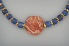 Ancient Tabular Sardonyx Bead with Lapis Lazuli and 24k Granulated Gold Beads