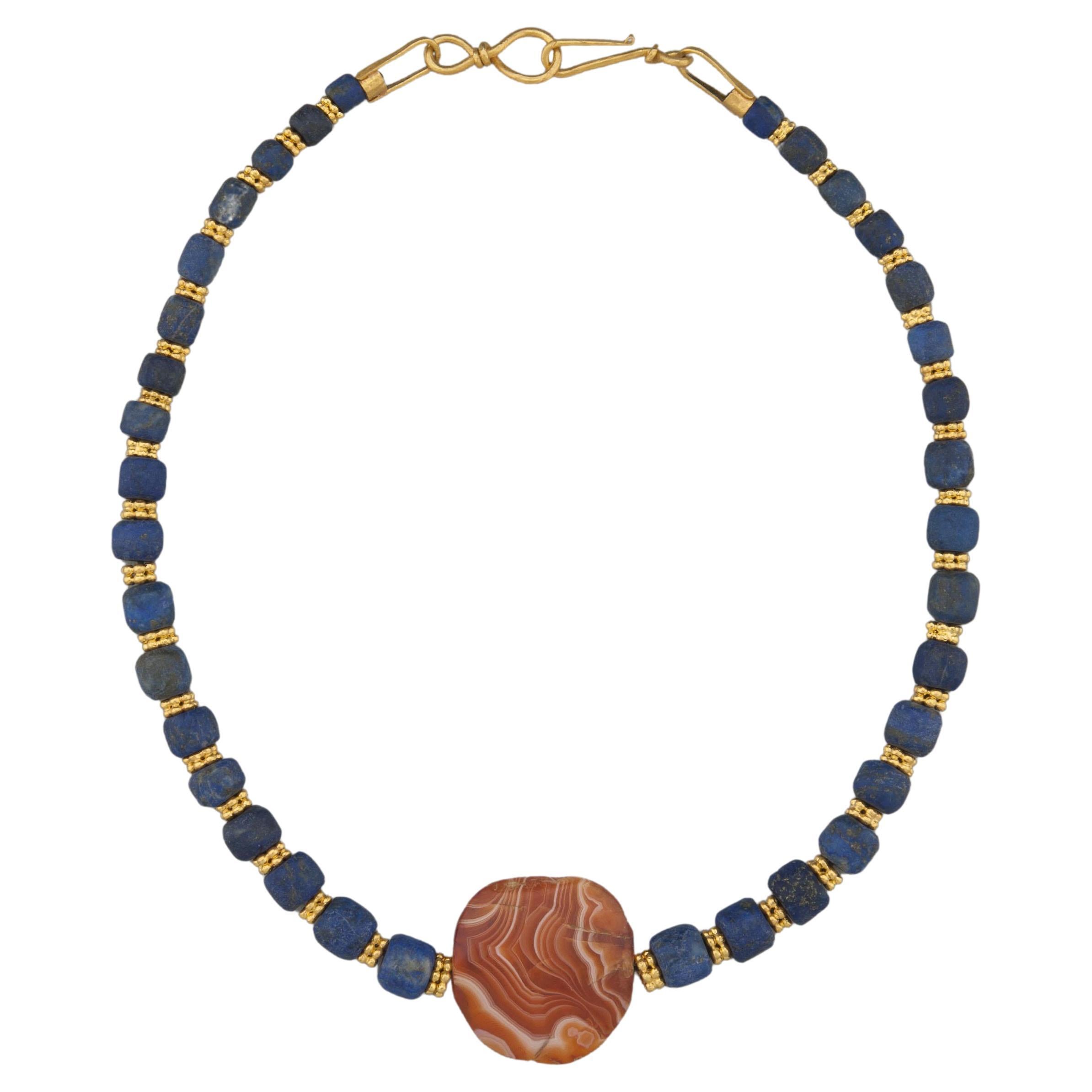 Ancient Tabular Sardonyx Bead with Lapis Lazuli and 24k Granulated Gold Beads For Sale