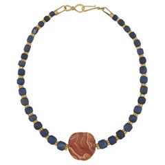 Ancient Tabular Sardonyx Bead with Lapis Lazuli and 24k Granulated Gold Beads