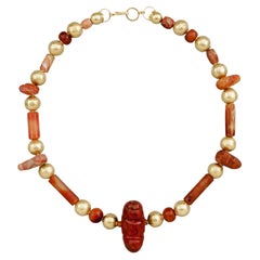 Ancient Tairona Carnelian Amulets with Red Jasper Centerpiece and 20k Gold Beads