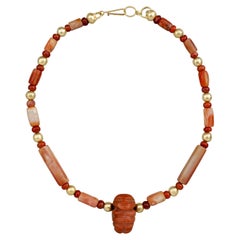 Ancient Tairona Carnelian Effigy Pendant with 20k Gold Beads and Clasp