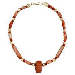 Antique Ancient Tairona Carnelian Effigy Pendant with 20k Gold Beads and Clasp