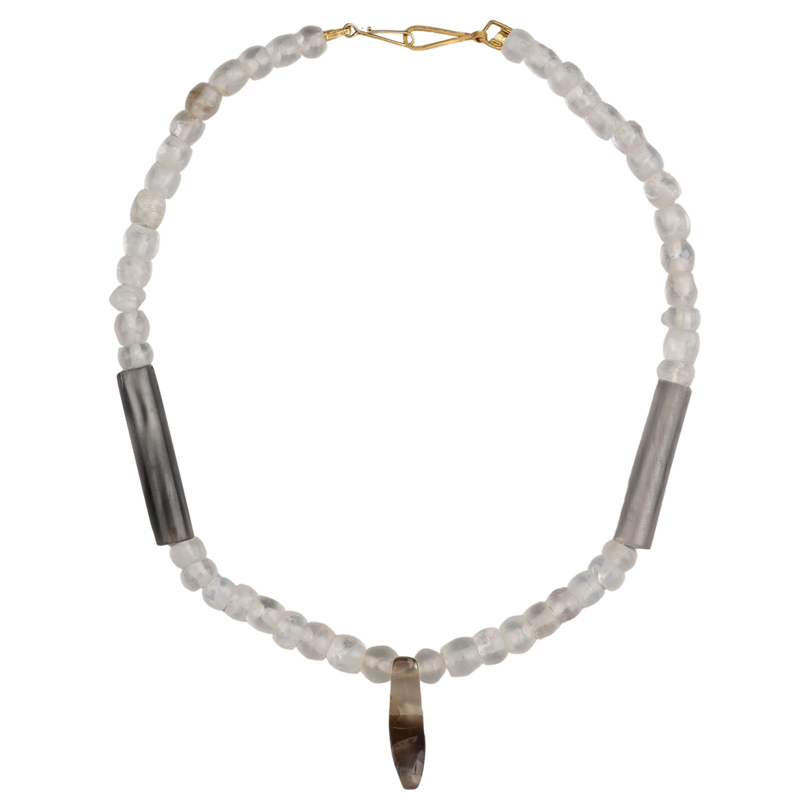 Ancient Tairona Crystal Beads with Smoky Quartz and Bird Pendant, 22k Gold Clasp For Sale