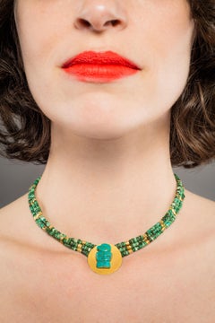 Ancient Tairona Multi-Strand Turquoise Eagle Choker Necklace with 18k Gold Discs