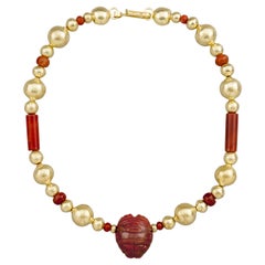 Ancient Tairona Red Jasper and Carnelian, 20k Gold Beads, Chief Pendant Necklace