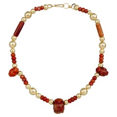 Ancient Tairona Triple Bird Pendant Necklace with Carnelian and 20k Gold Beads