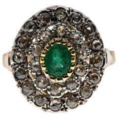 Antique 21st Century 9 Karat Rose Gold Emerald and Diamond Oval Cesellato Cocktail Ring