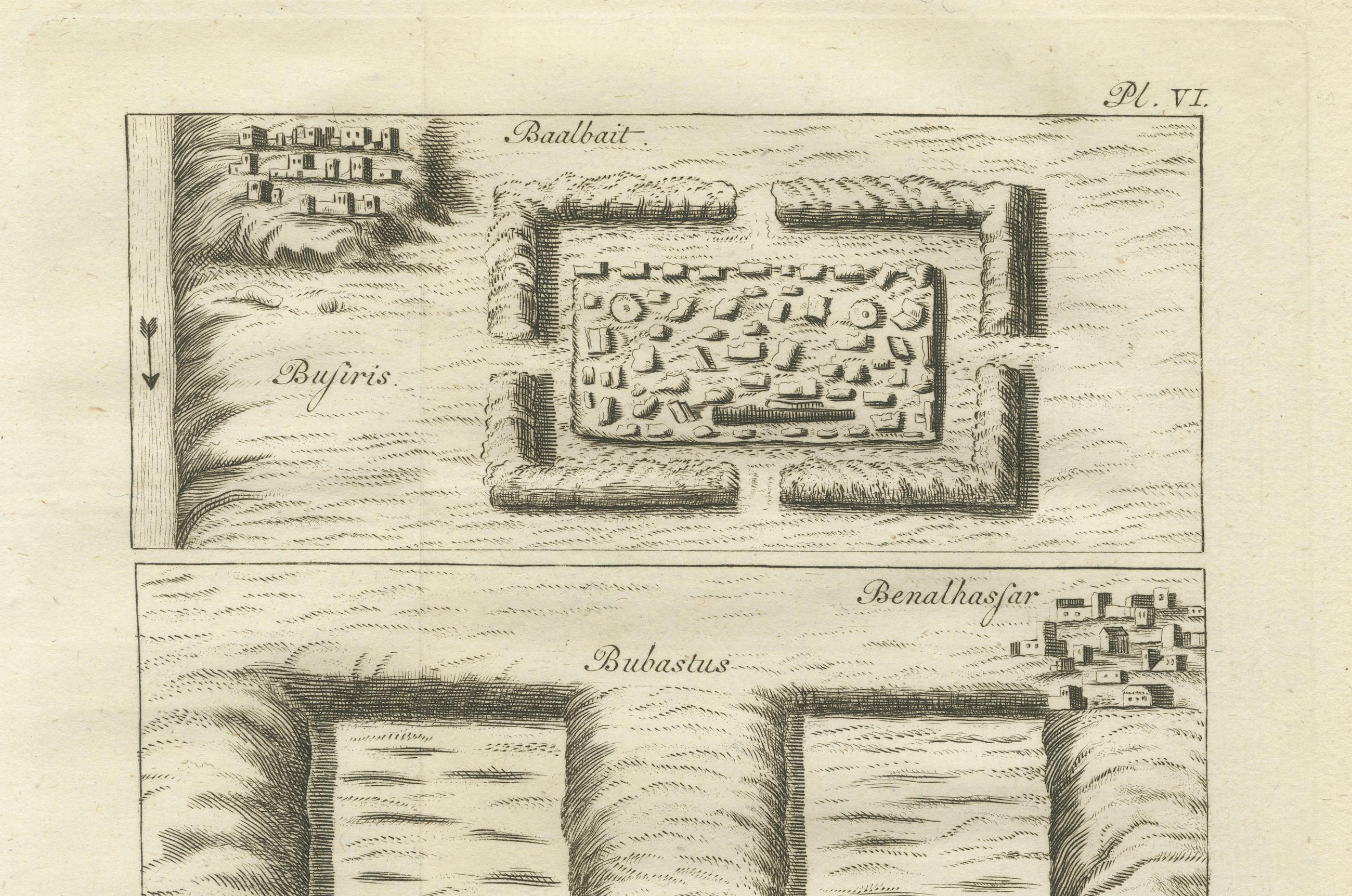 Planos de templos antiguos y ruinas - Egipto, Baalbek, Bubastus, Heliópolis 1776 siglo XVIII en venta