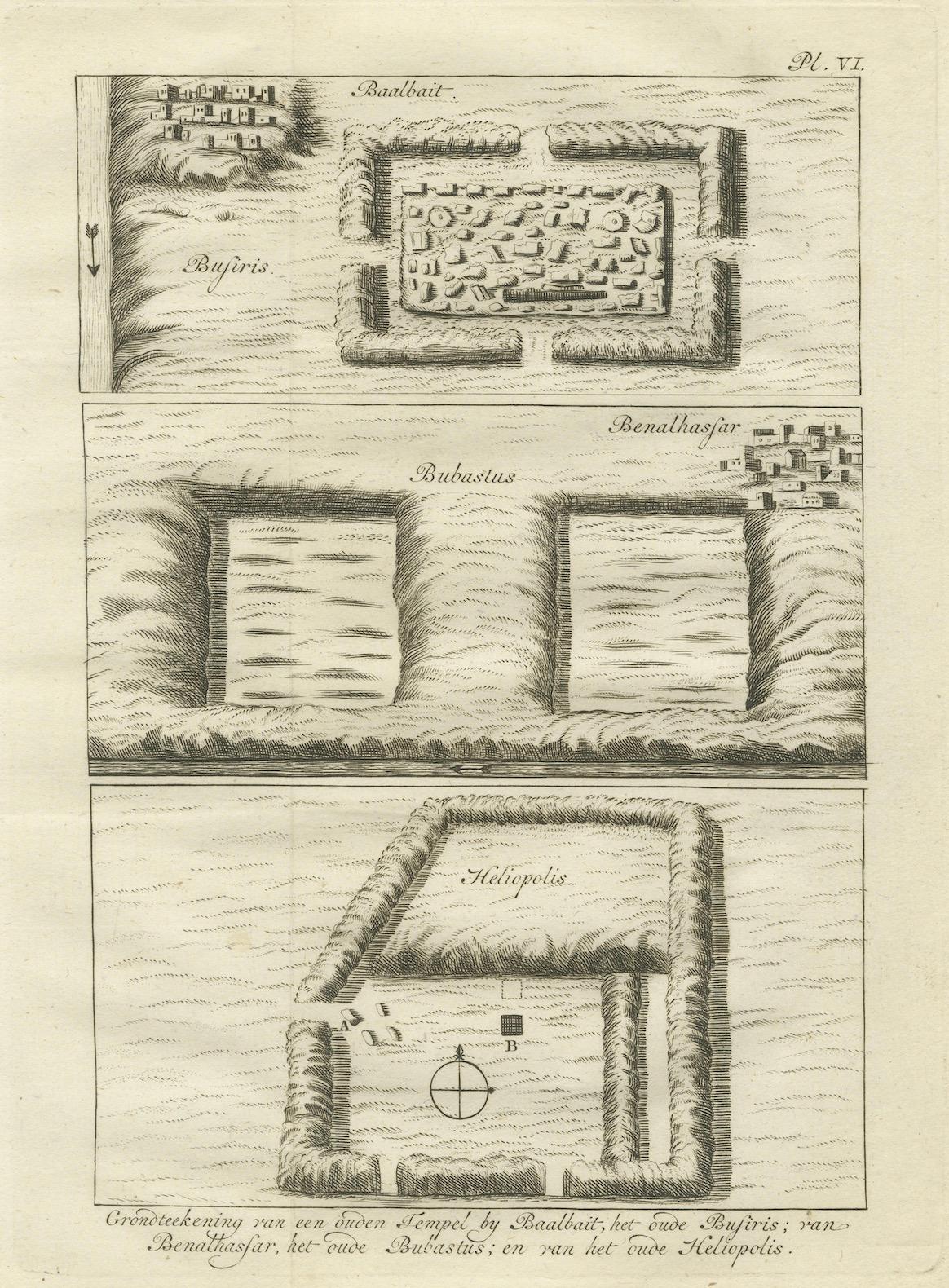 Planos de templos antiguos y ruinas - Egipto, Baalbek, Bubastus, Heliópolis 1776 Papel en venta