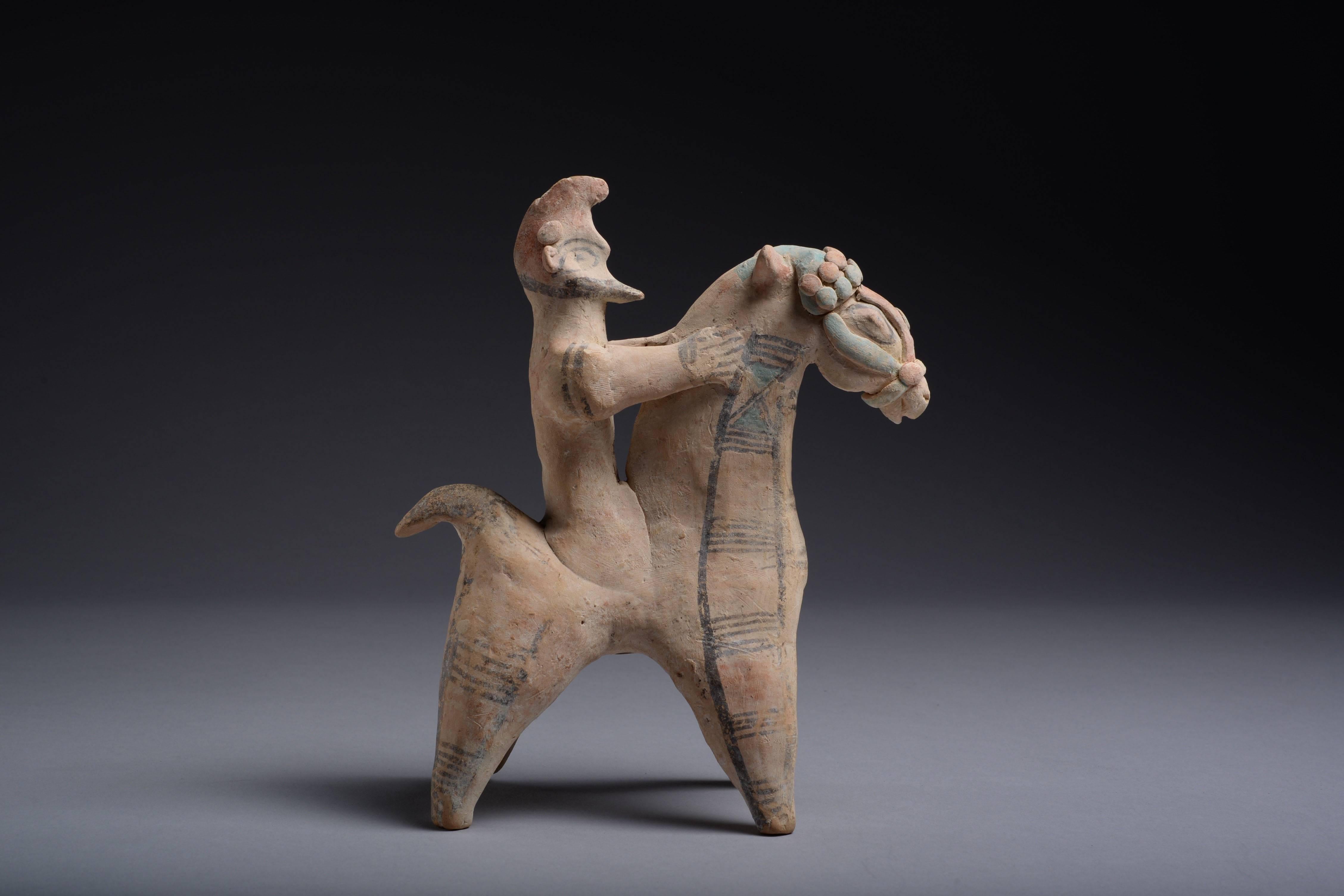 Classical Greek Ancient Terracotta Archaic Horse and Rider from Cyprus, 700 BC