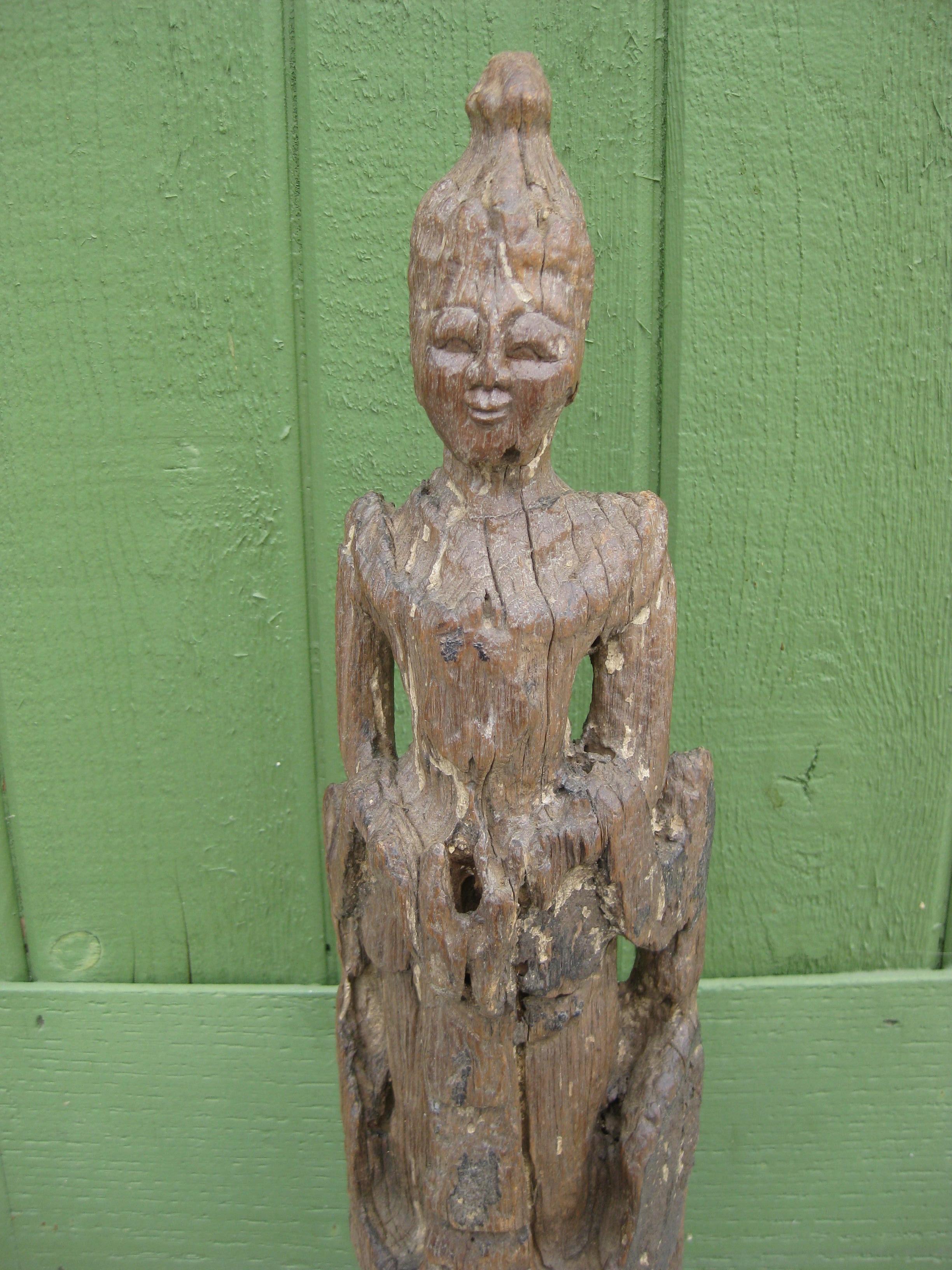 Fine ancient Thailand. deity temple buddha hand carved wood statue/sculpture fragment. Wonderful shape and form. Has wear from age but displays well. Some remains of a paint or material on some of the surface. This is a very, very old piece. Great