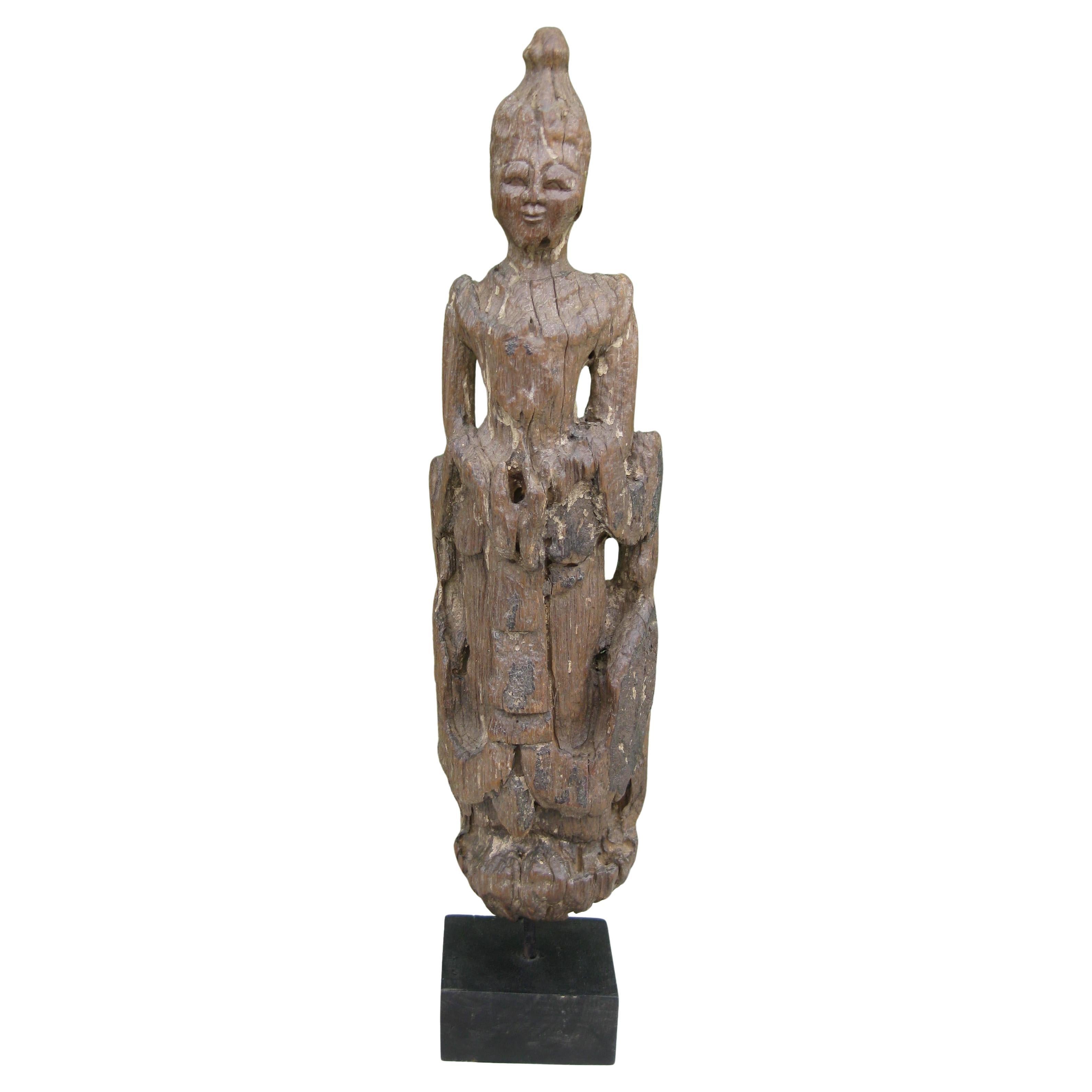 Ancient Thai Burmese Southeast Asia Temple Goddess Deity Wood Statue Sculpture