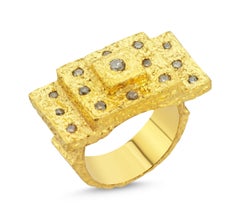 Ancient Themed Pyramid Ring 24K Micron Plated Sterling Silver  and Diamonds