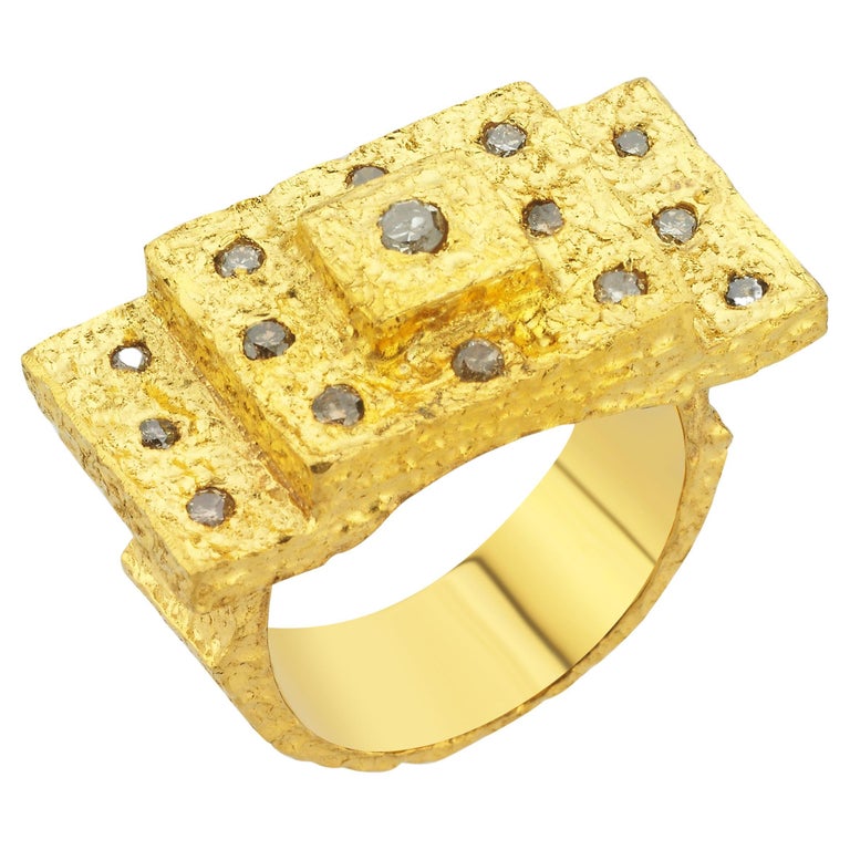 Ancient Themed Ring 24K Gold-Plated Sterling Silver and Diamonds For Sale  at 1stDibs