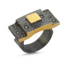 Ancient Themed Pyramid Ring 24K Micron Plated and Oxidised Silver with Diamonds