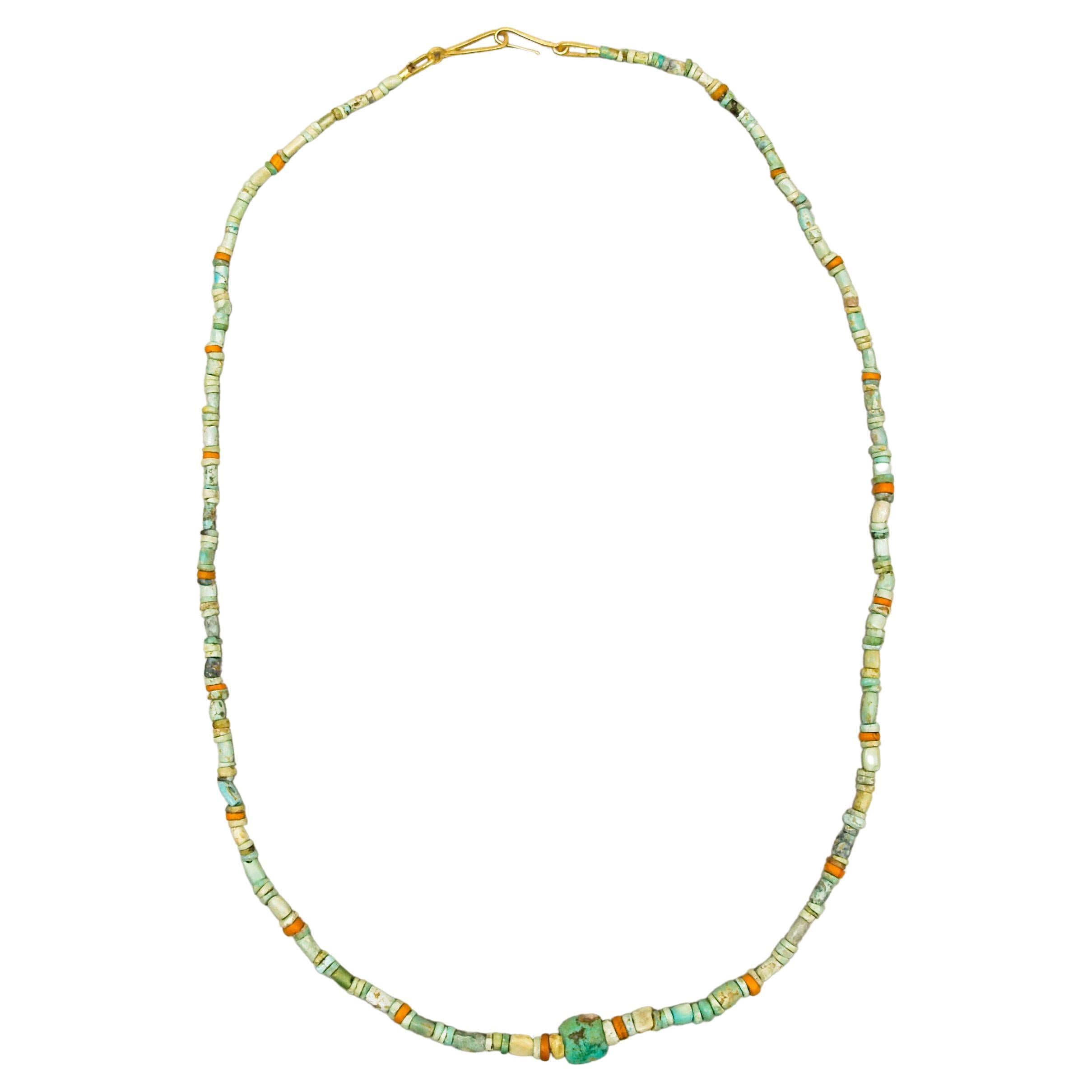 Ancient Turquoise Beads with Ancient Glass Disc Beads and 20k Gold Clasp For Sale