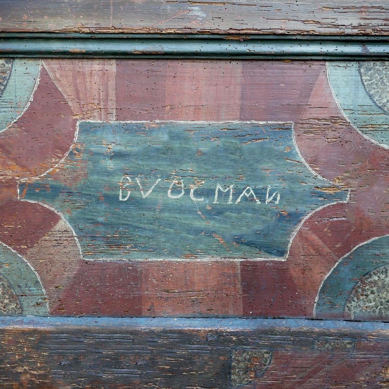 18th Century Blanket Chest Blue and Red Painted For Sale at 1stDibs