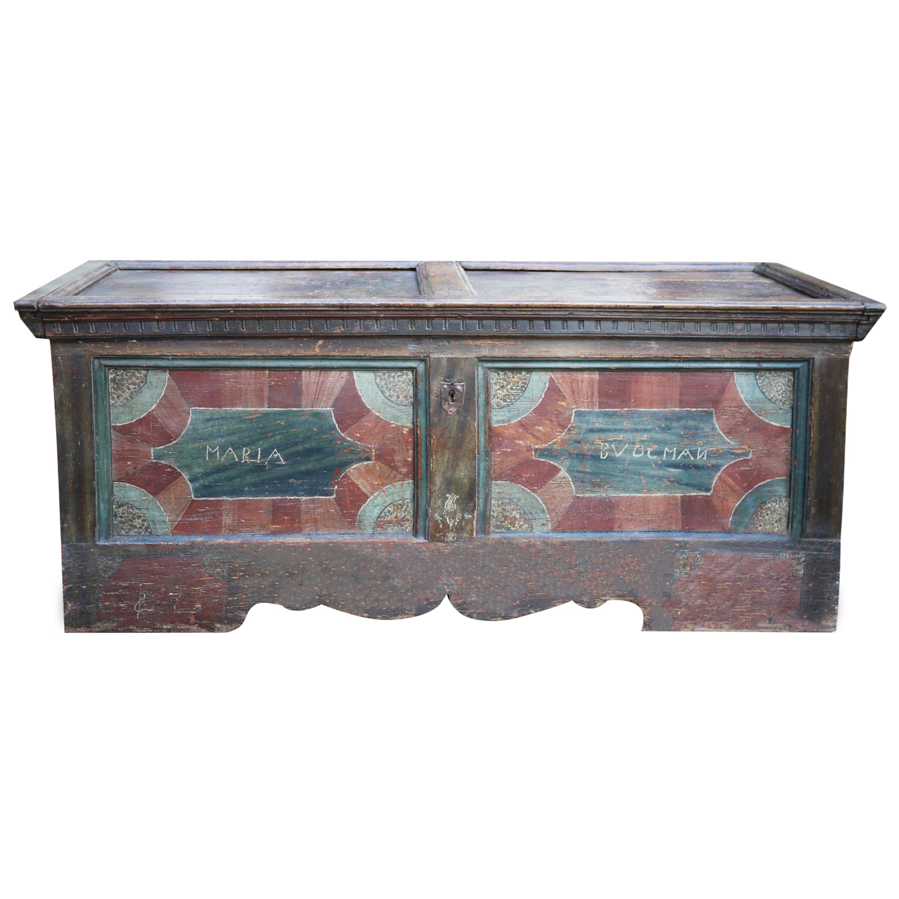 18th Century Blanket Chest Blue and Red Painted 