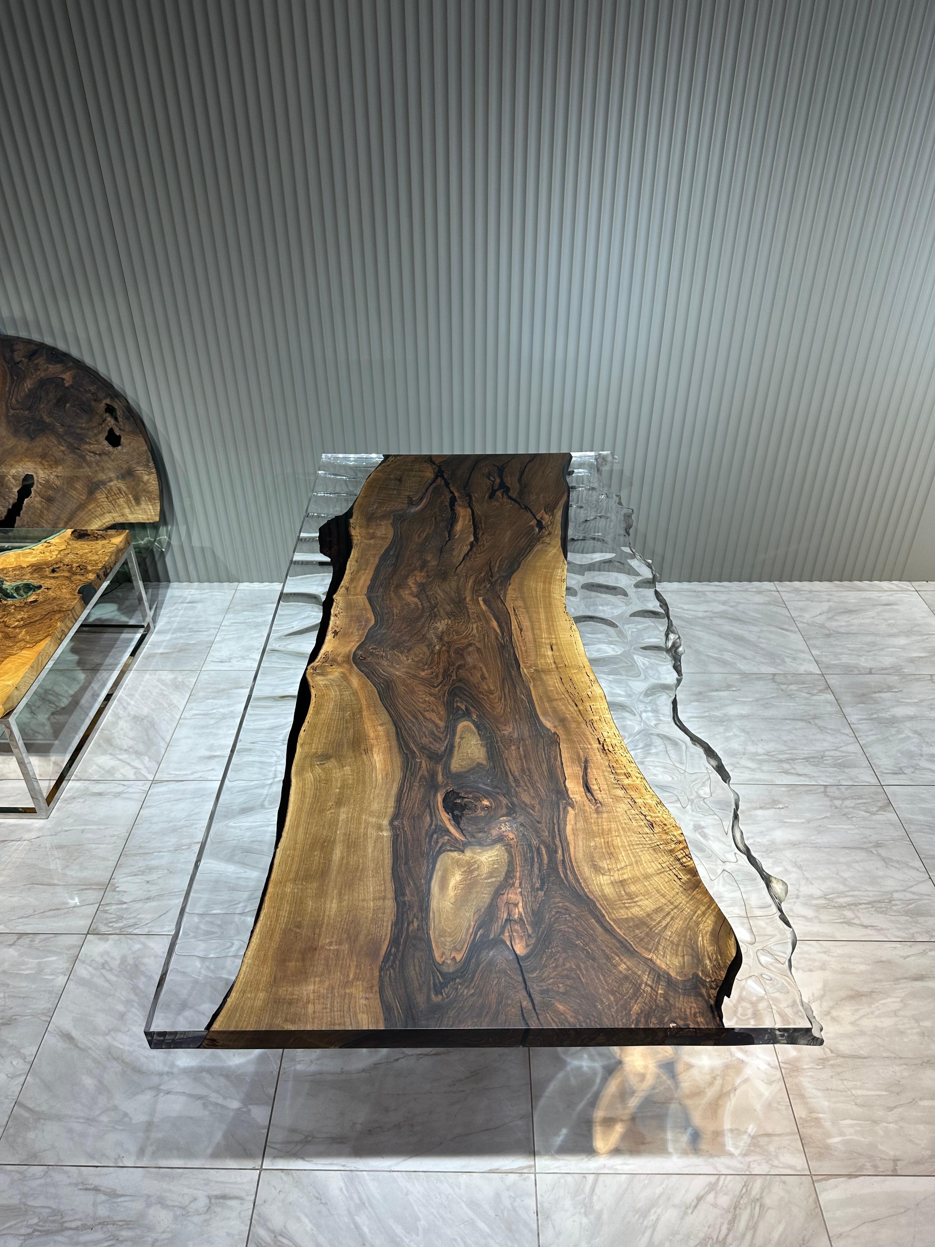 Contemporary Ancient Walnut One Piece Slab Epoxy Resin Live Edge Wooden Table For Sale