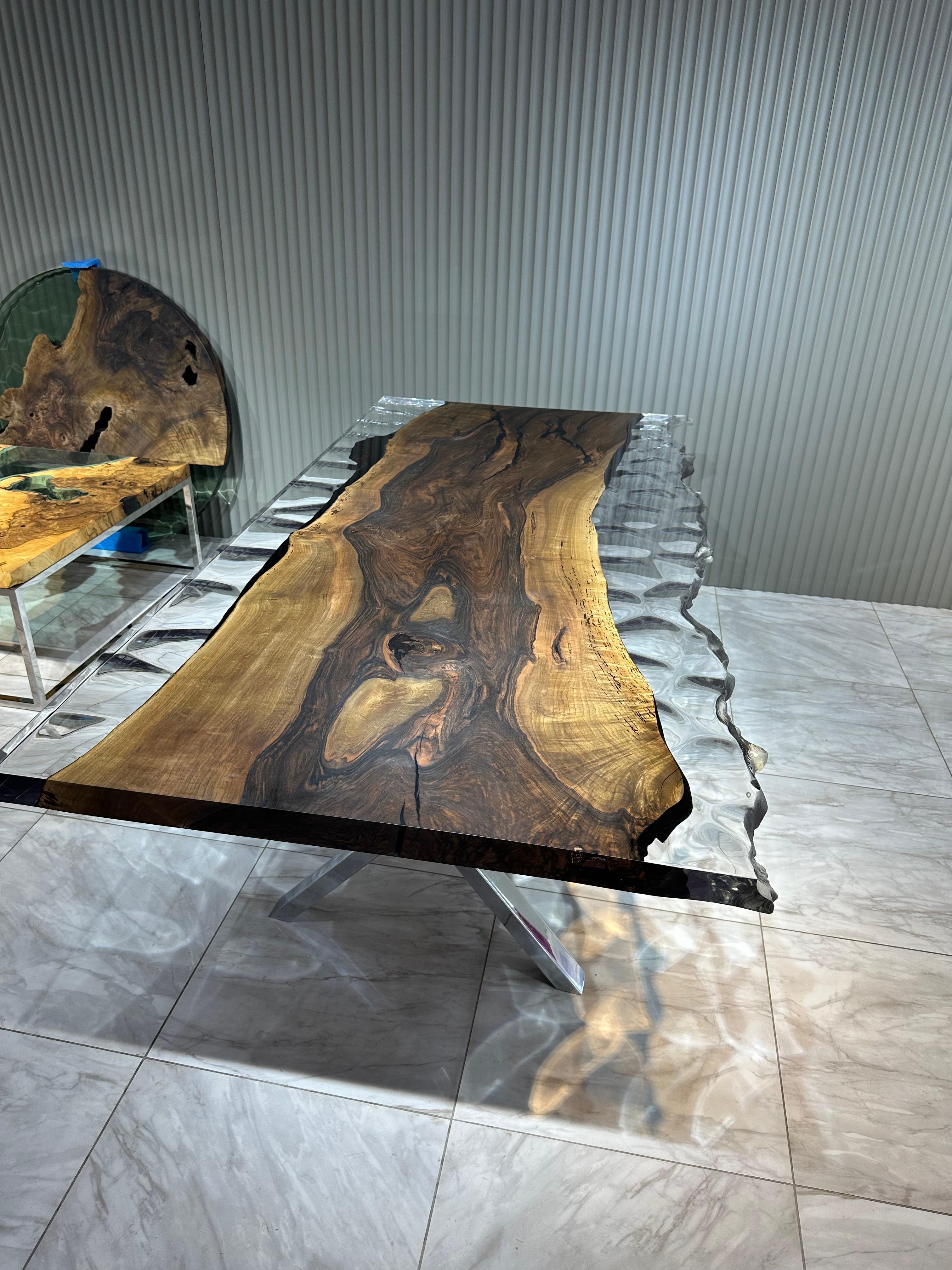 Arts and Crafts Ancient Walnut One Piece Slab Epoxy Resin Live Edge Wooden Table For Sale