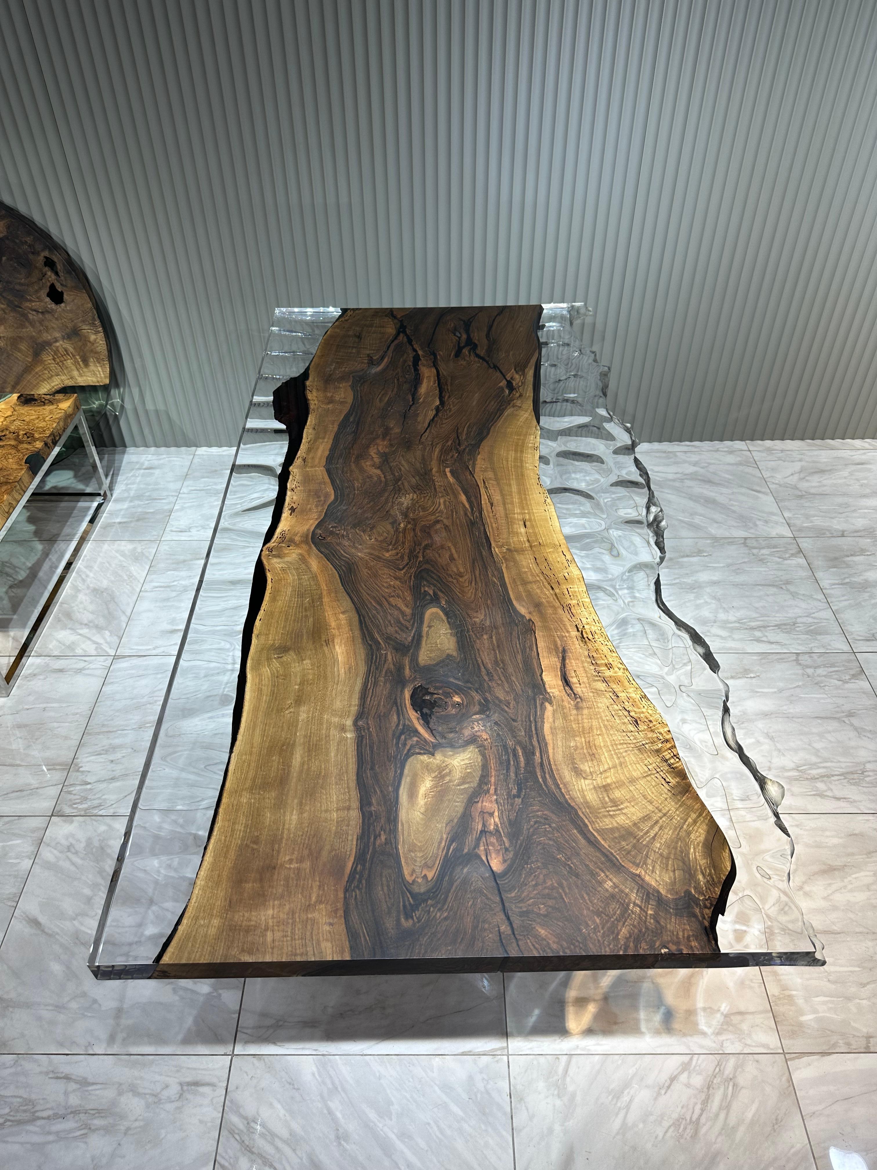 Hand-Carved Ancient Walnut One Piece Slab Epoxy Resin Live Edge Wooden Table For Sale