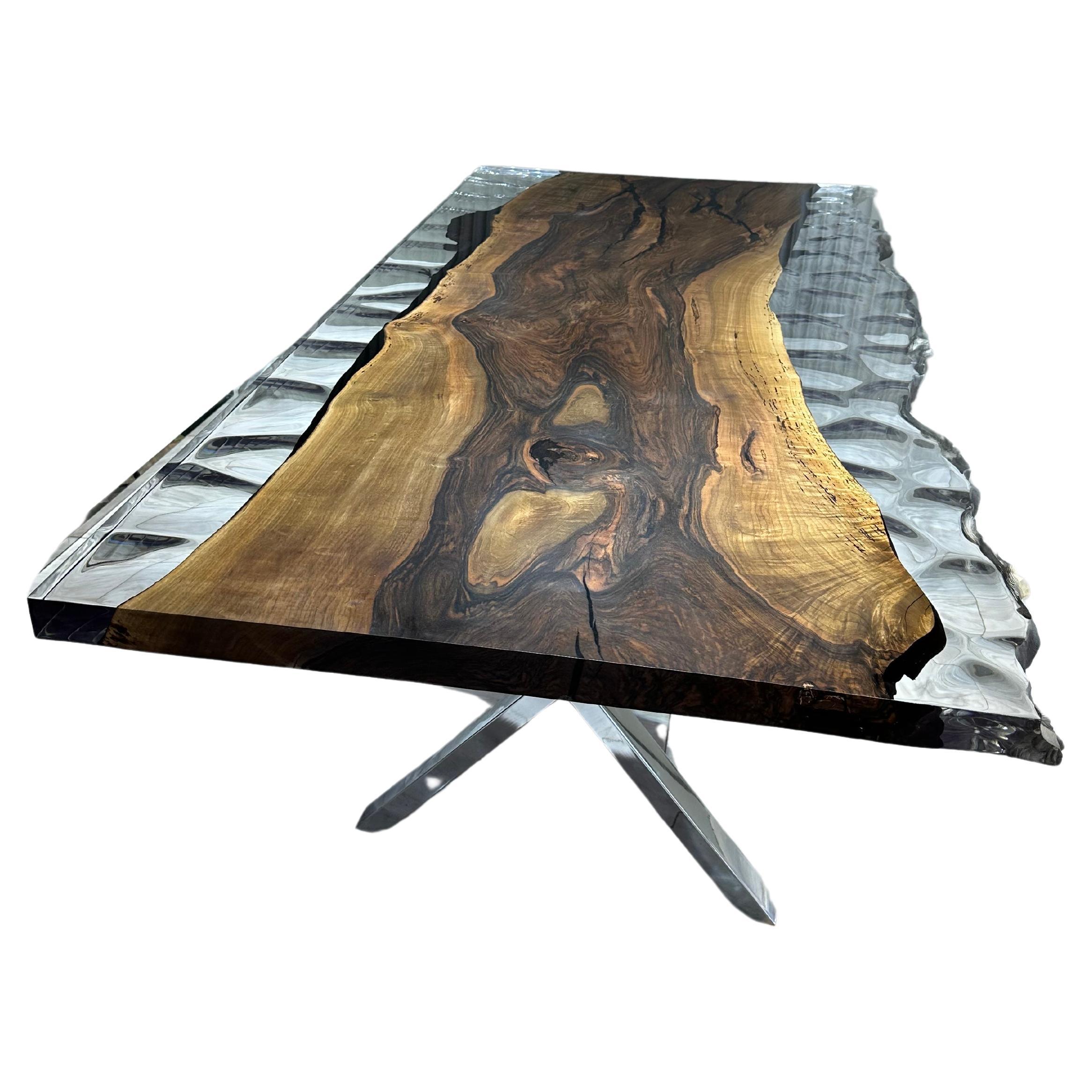 Ancient Walnut One Piece Slab Epoxy Resin Live Edge Wooden Table For Sale