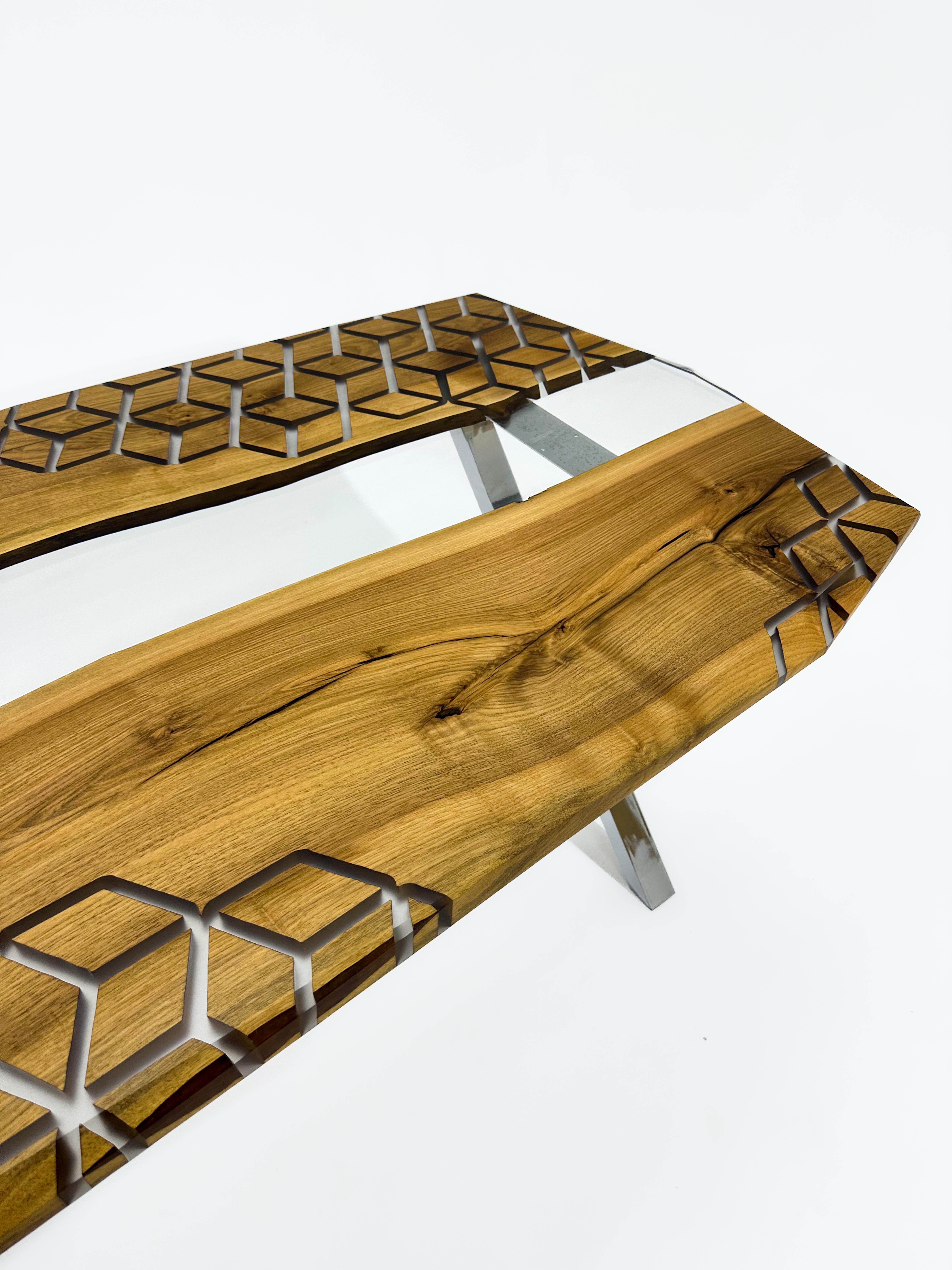 Hand-Carved Ancient Walnut Wood Custom Epoxy Resin Dining Table For Sale