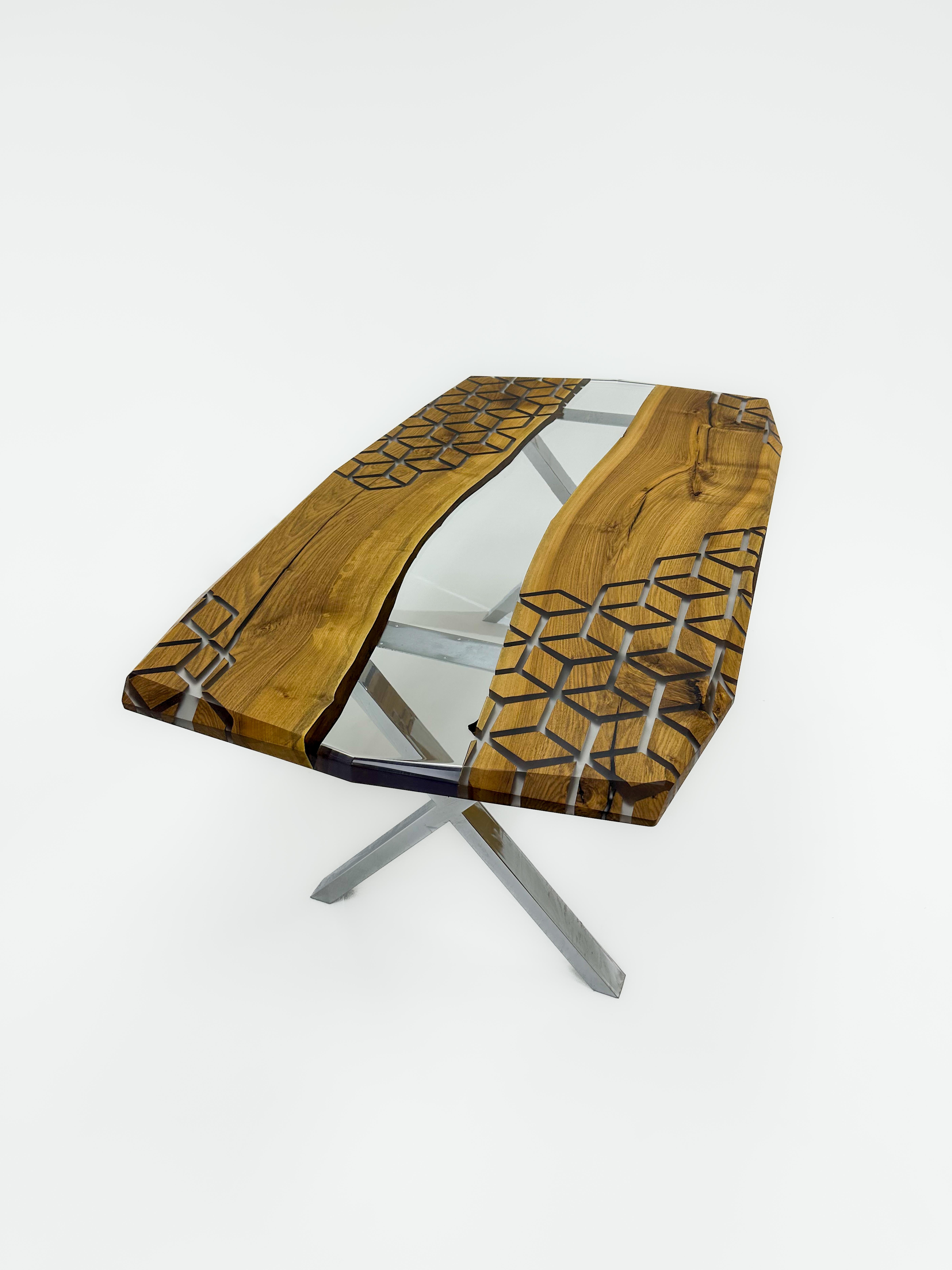 Contemporary Ancient Walnut Wood Custom Epoxy Resin Dining Table For Sale