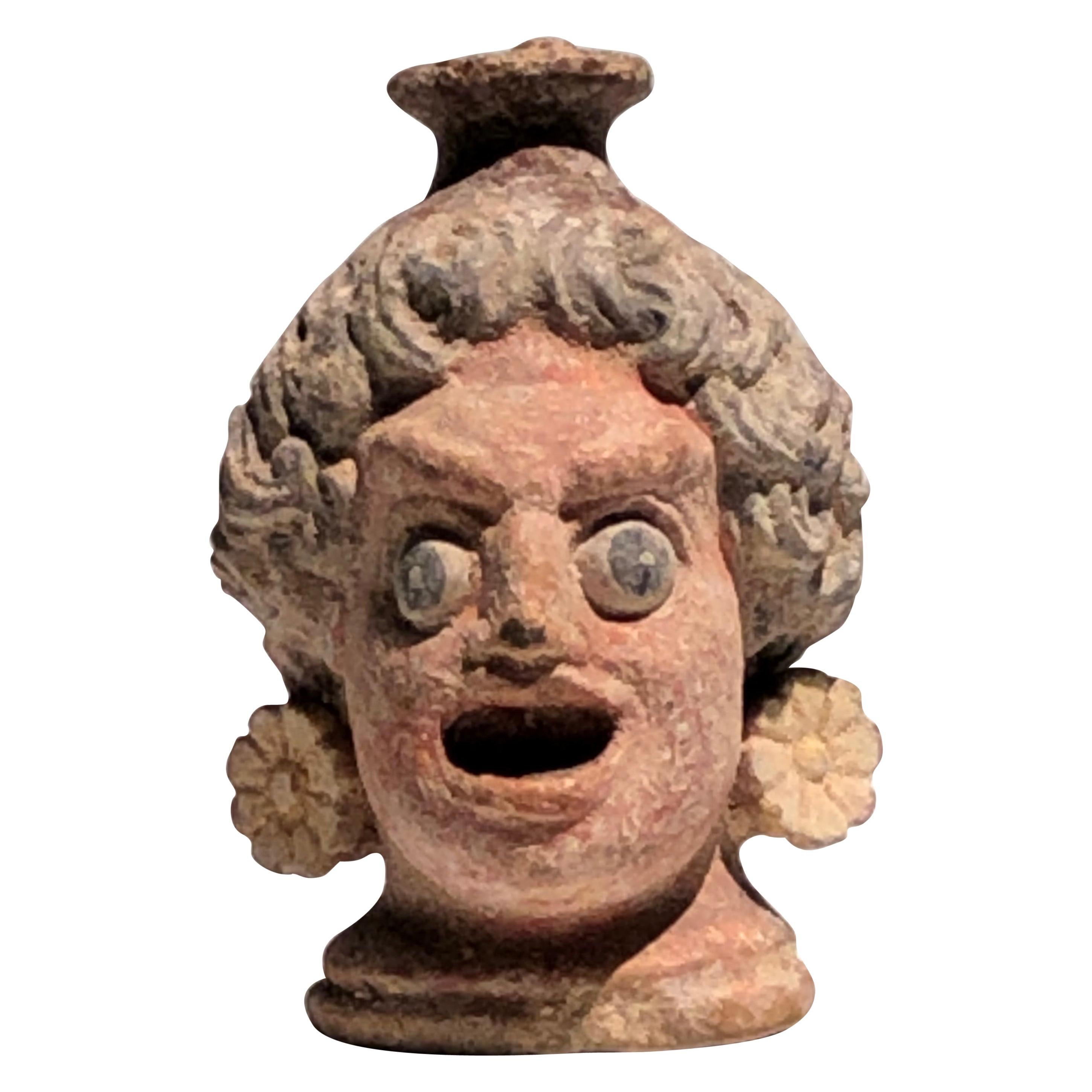 Ancient, Western Greek, Polychrome Head Vase in Form of a Dramatic Theatre Mask For Sale