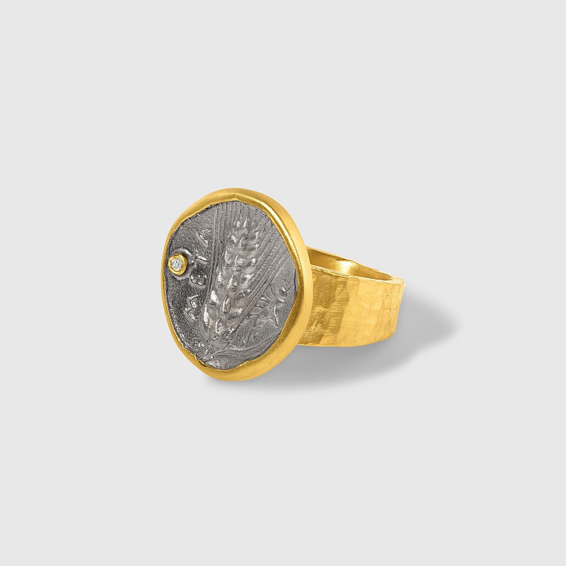 Byzantine Ancient Wheat Coin Replica Ring with Diamond 24 Karat Gold & Silver by Kurtulan For Sale