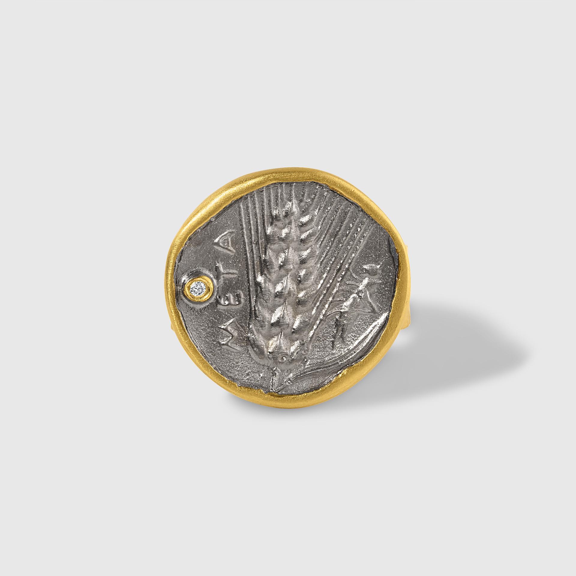 Antiker Weizenmünze-Replica-Ring mit Diamant 24kt Gold & Silber von Kurtulan (Rundschliff) im Angebot