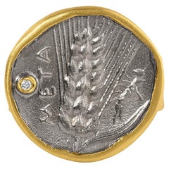 Ancient Wheat Coin Replica Ring with Diamond 24 Karat Gold & Silver by Kurtulan