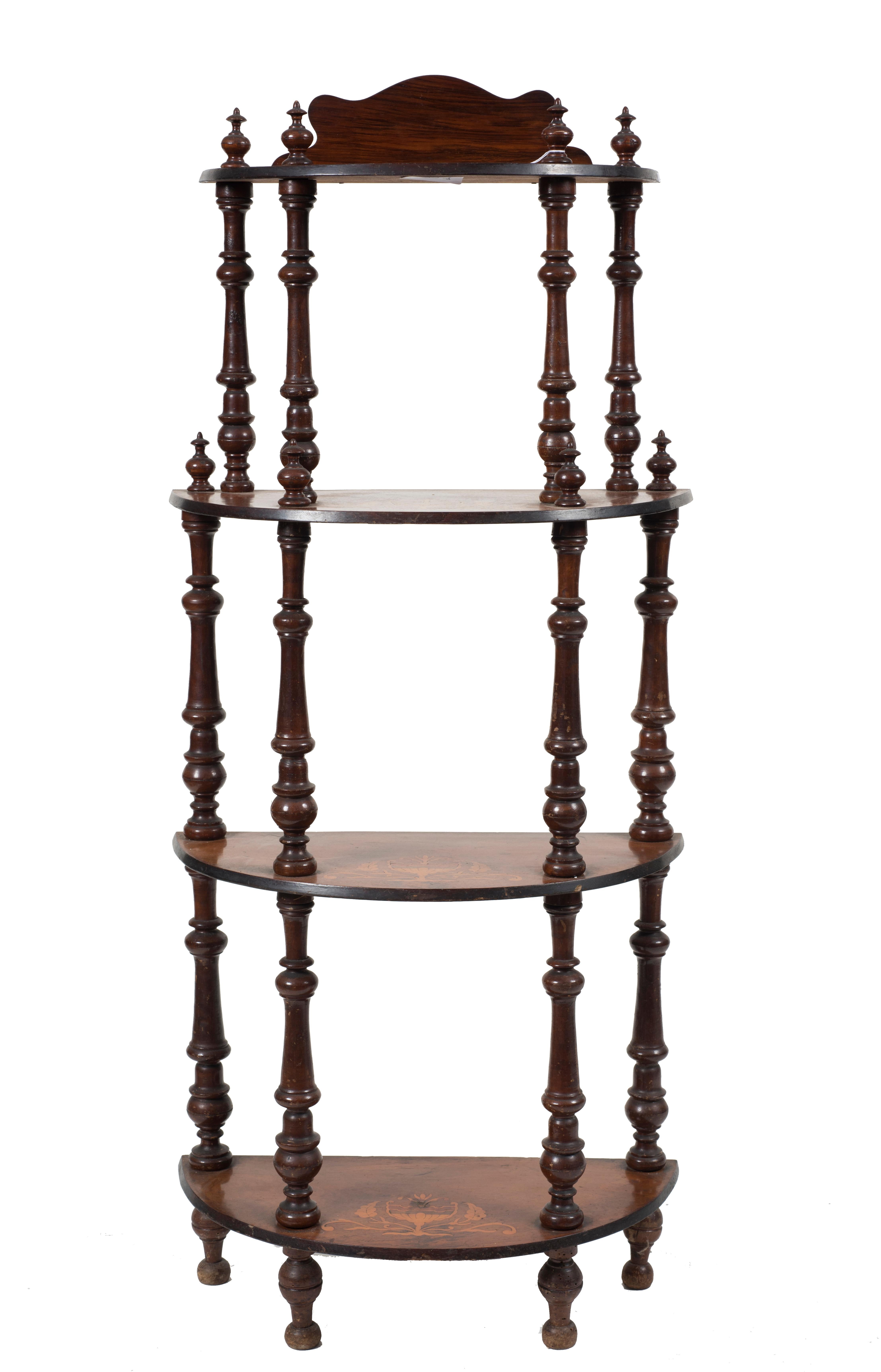 This etagere is a piece of original furniture realized in the 19th century by an Italian manufacturer.

Beautiful etagere, veneered in walnut and inlaid with light woods, four shelves connected with turned columns.

Very good conditions.

Give