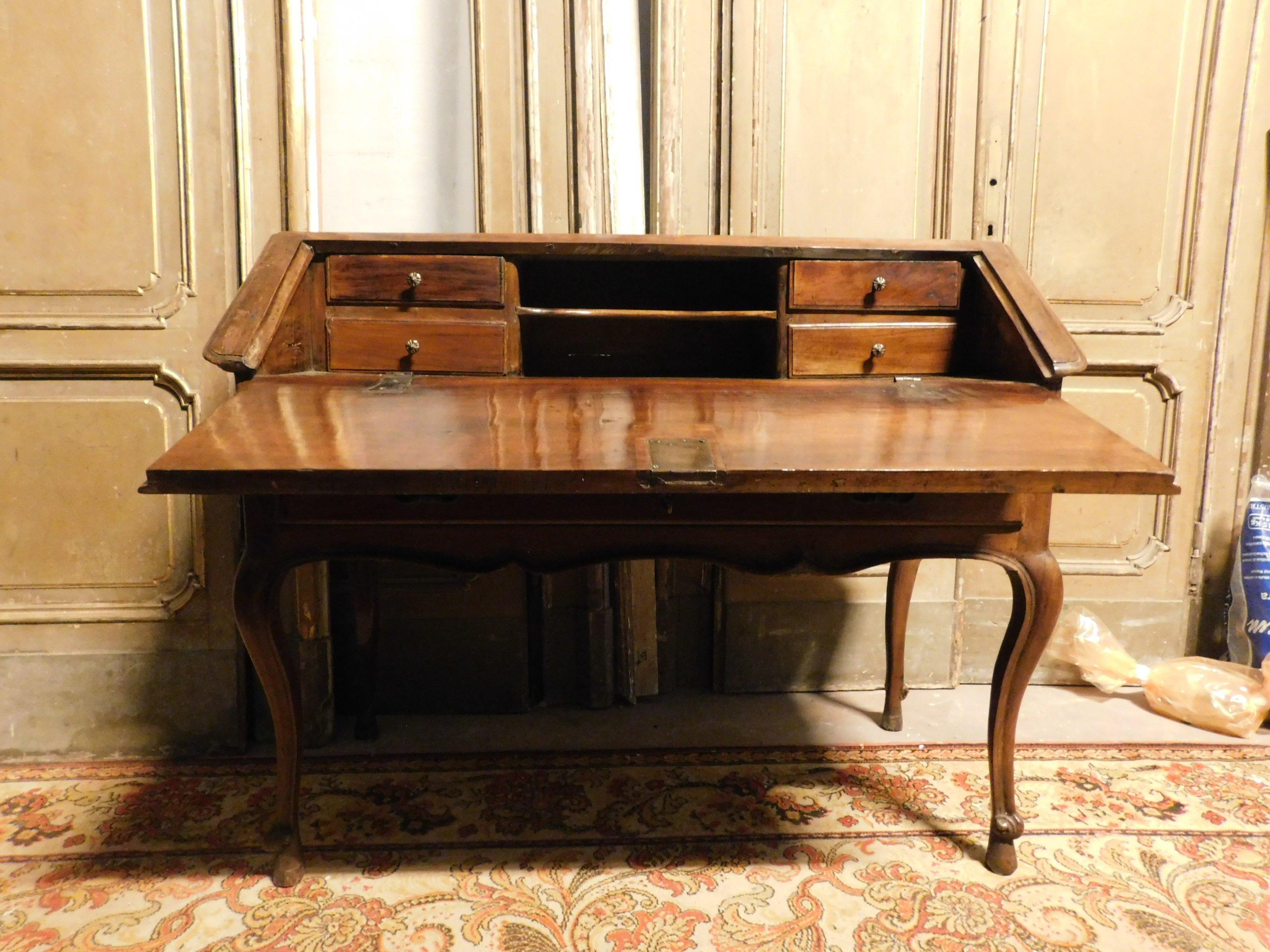 18th Century and Earlier Ancient Wooden Walnut Flap Desk with Drawers, Italy, 1700