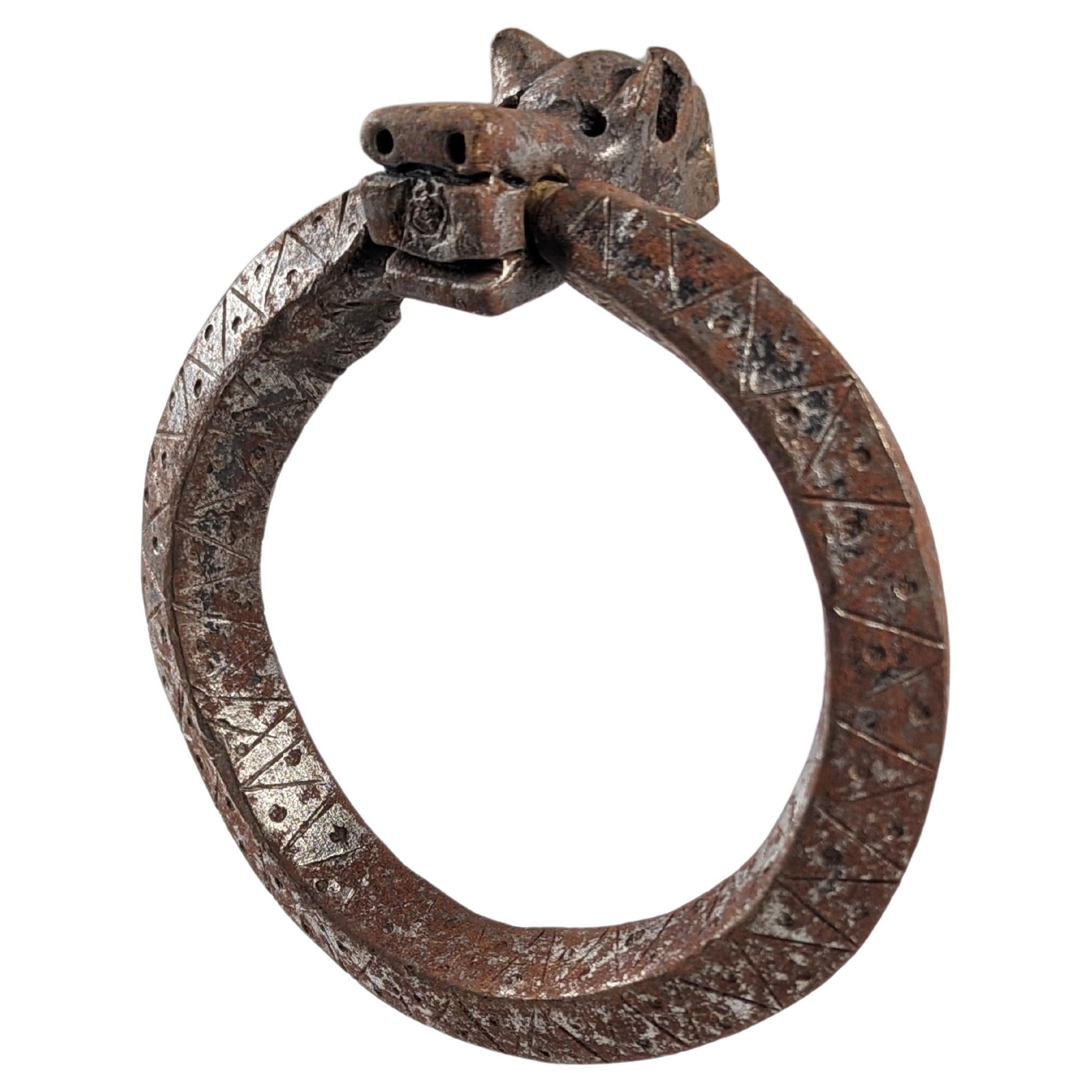 Ancient wrought iron door knocker with dragon head For Sale