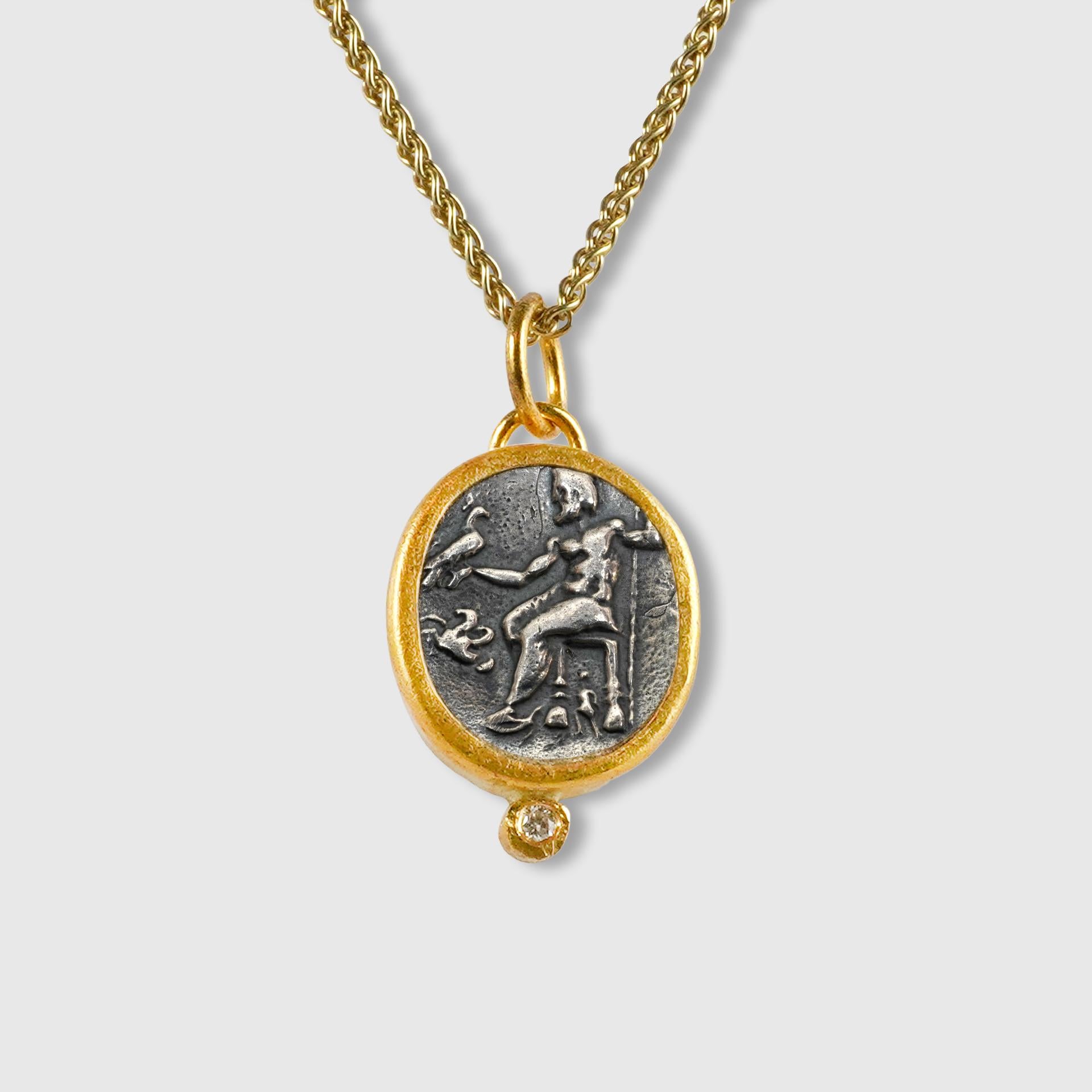 Classical Greek Ancient Zeus Seated, Holding Eagle and Scepter, Coin Pendant, 24k Gold Diamonds For Sale